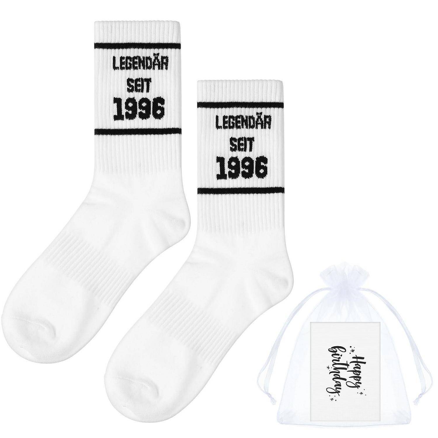Weiße Crew-Socken mit schwarzem Text „LEGENDÄR SEIT 1996