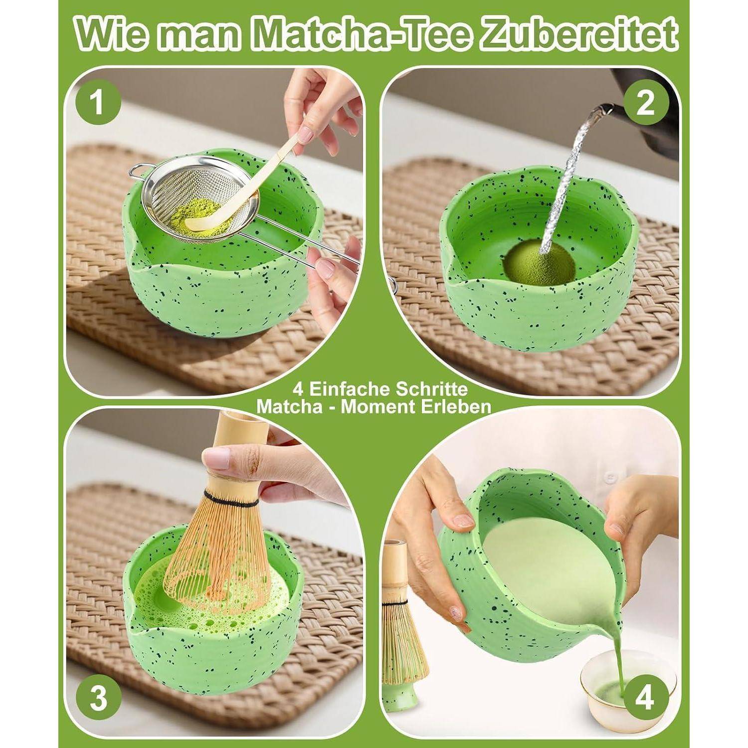 JBER Matcha Set 7 Teiliges, Matcha Besen Set - Bambusbesen, Matcha Schale mit Ausgießer, Sieb, Besen-Halter &amp; Zubehör, Geschenk für Matcha Zeremoni