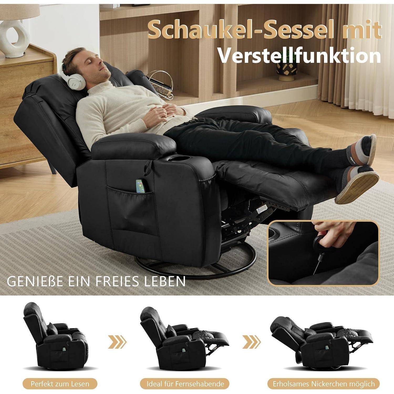 Relaxsessel mit Liegefunktion, Massagesessel mit Wärmefunktion, 360° Drehbarer Fernsehsessel Wohnzimmer, Schaukelstuhl mit Kissen/Seitentaschen/Getr