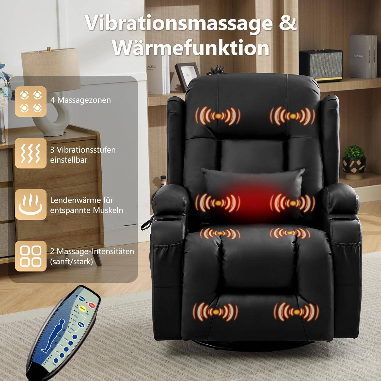 Relaxsessel mit Liegefunktion, Massagesessel mit Wärmefunktion, 360° Drehbarer Fernsehsessel Wohnzimmer, Schaukelstuhl mit Kissen/Seitentaschen/Getr