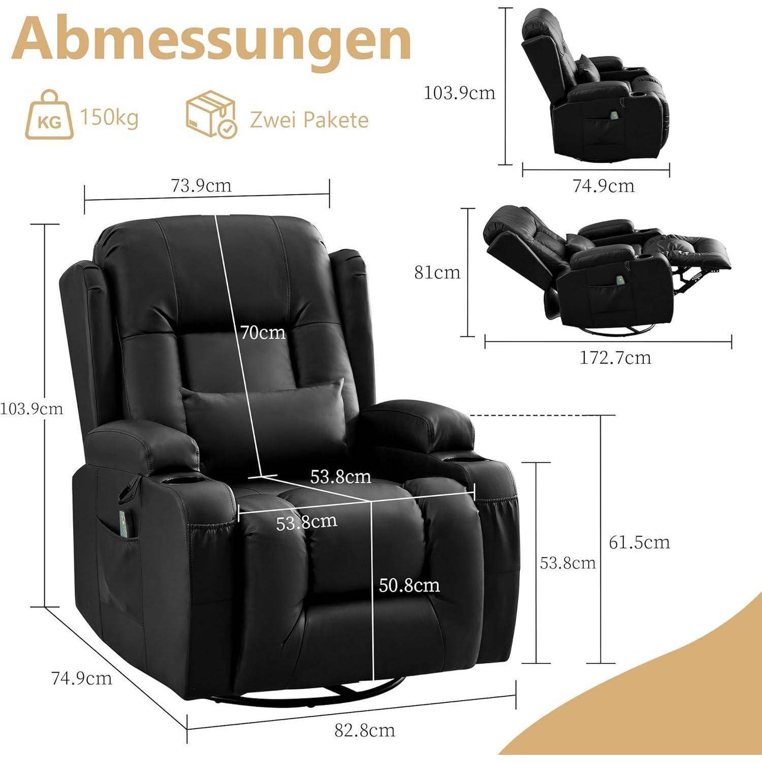 Relaxsessel mit Liegefunktion, Massagesessel mit Wärmefunktion, 360° Drehbarer Fernsehsessel Wohnzimmer, Schaukelstuhl mit Kissen/Seitentaschen/Getr