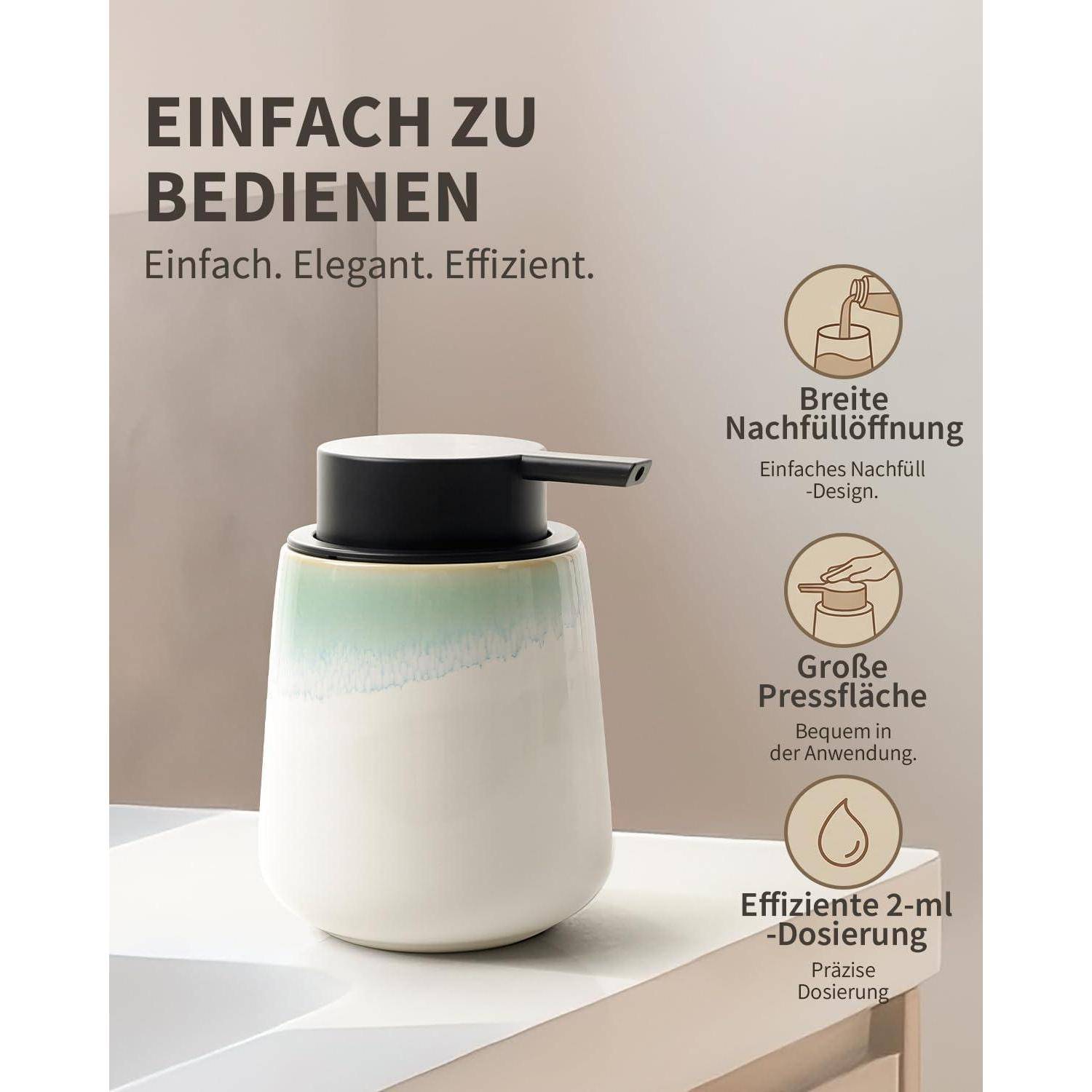 Anzeige für einen Seifenspender mit deutschem Text „EINFACH ZU BEDIENEN