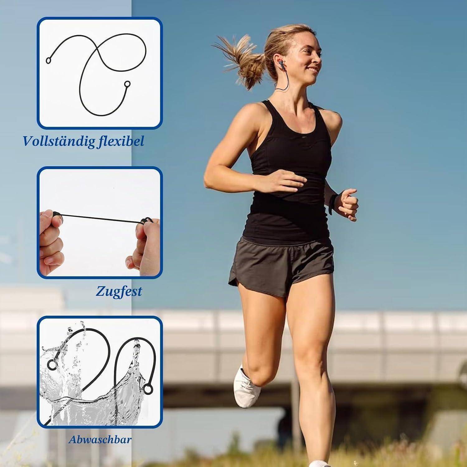 Frau joggt draußen und trägt kabellose Ohrhörer, daneben sind Symbole zu sehen, die zeigen, dass das Band flexibel, spannungsresistent und waschbar ist.