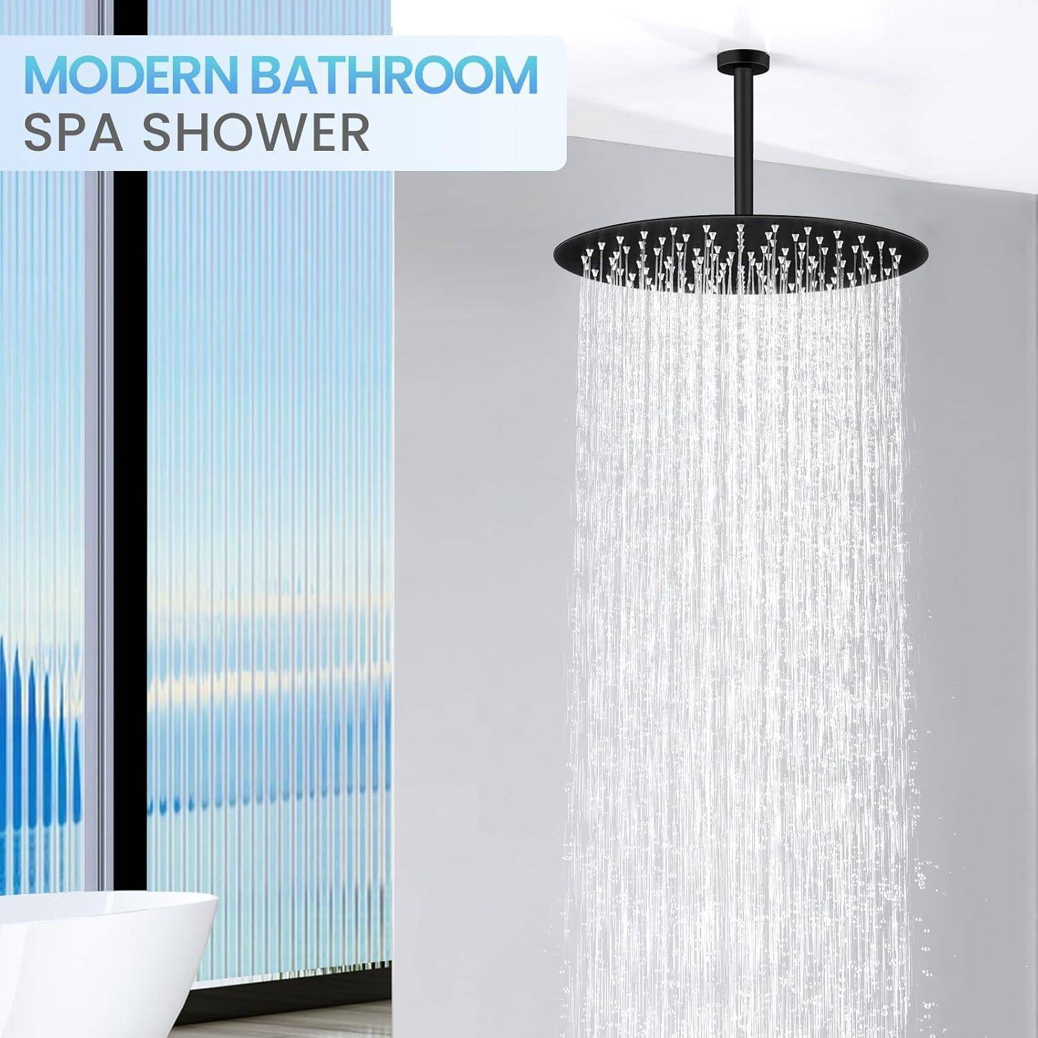 Modernes Badezimmer mit einer an der Decke montierten Regendusche, die Wasser neben einer gläsernen Badewannen- oder Duschkabine versprüht; Text lautet „MODERNES BADEZIMMER SPA-DUSCHE