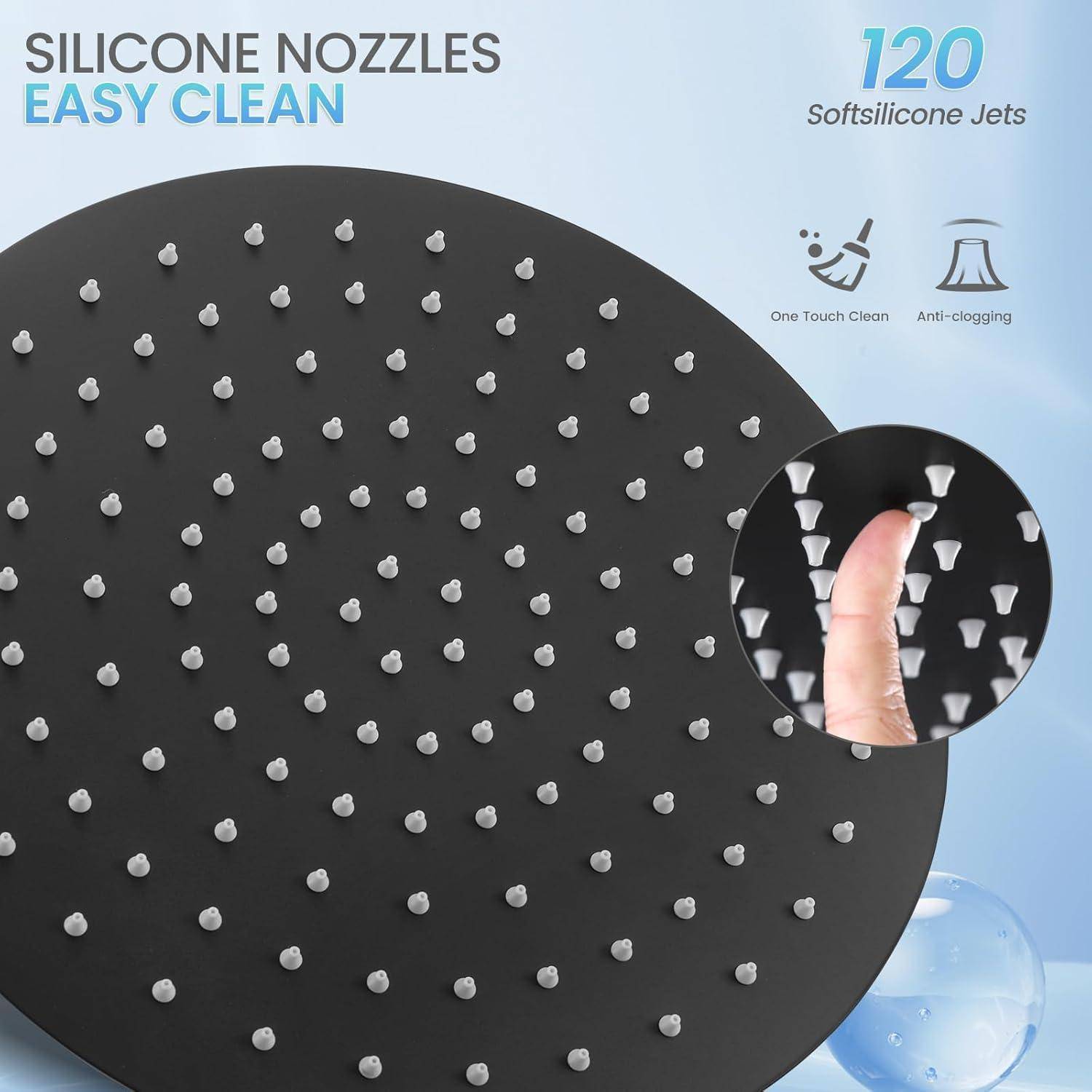 Produktabbildung eines Duschkopfs mit 120 weichen Silikonbrausen, gekennzeichnet mit „SILICONE NOZZLES EASY CLEAN