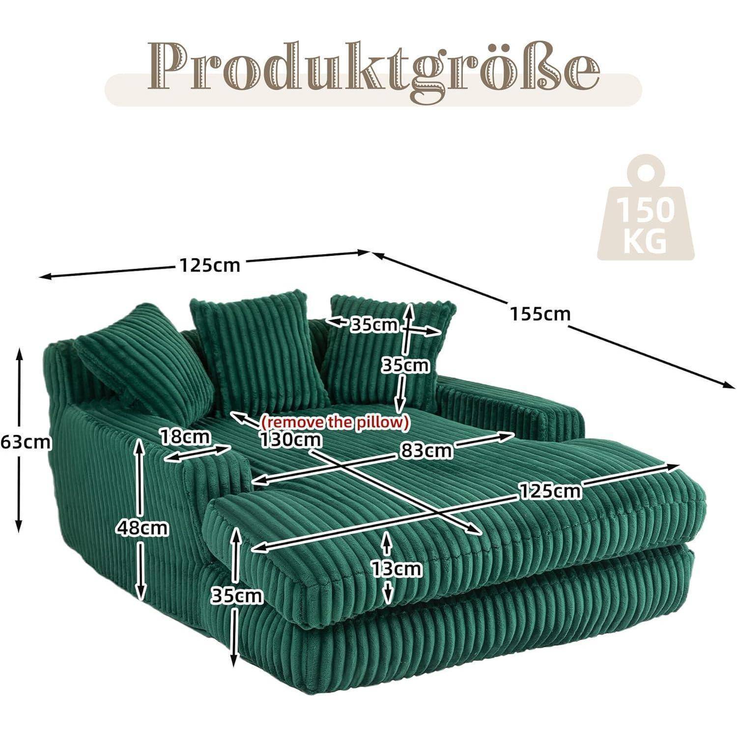 Größendiagramm eines grünen Ecksofa ohne Kissen; zeigt Abmessungen von 125 cm Breite, 155 cm Tiefe, 63 cm Höhe, 150 kg Gewichtsbeschränkung und Sitzmessungen.