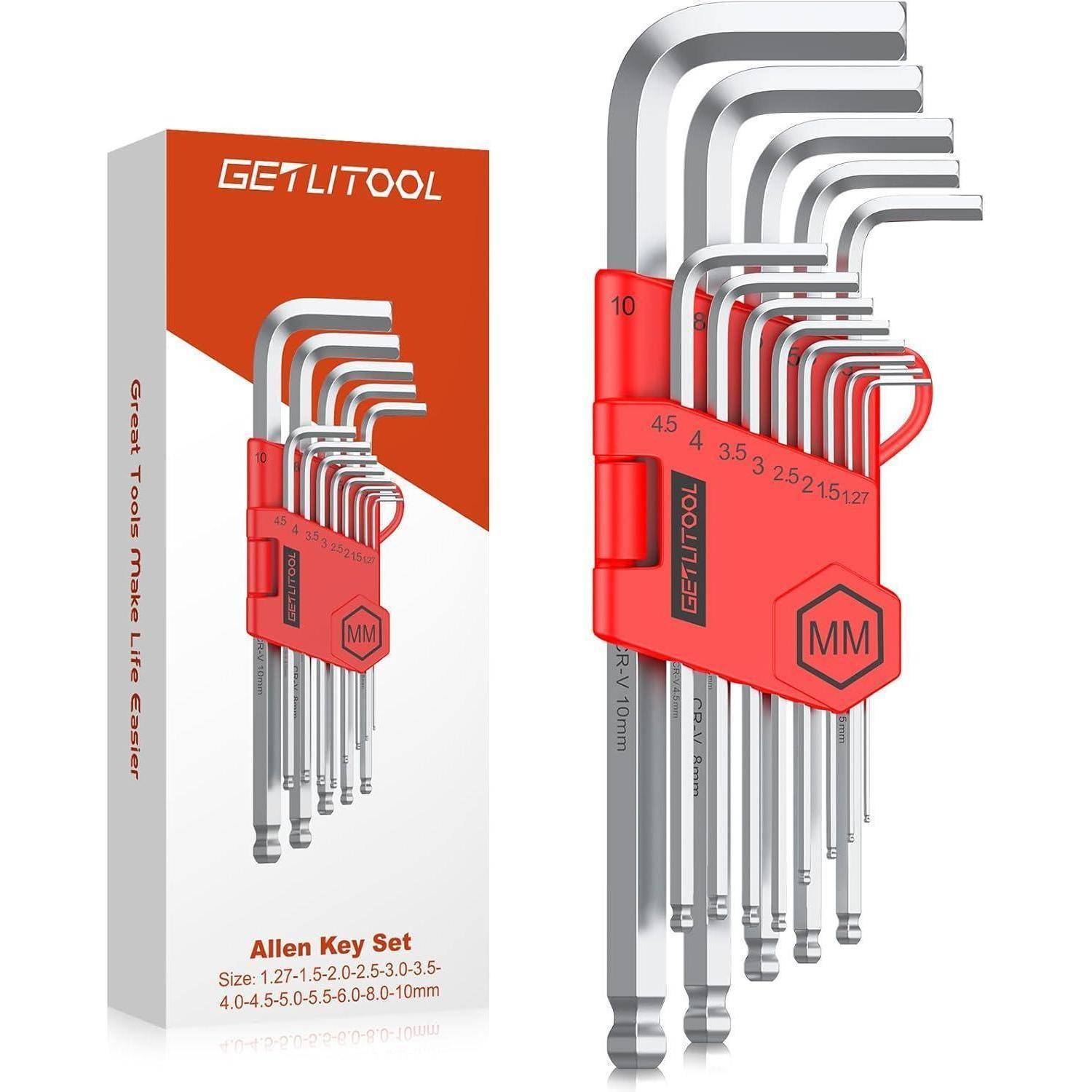 GETLITOOL Innensechskant Satz mit Kugelkopf, 13tlg. Innensechskantschlüssel HX1,27mm-10mm, Metrisch, Cr-V-Stahl, Profi Sechskantschlüssel Set, klein