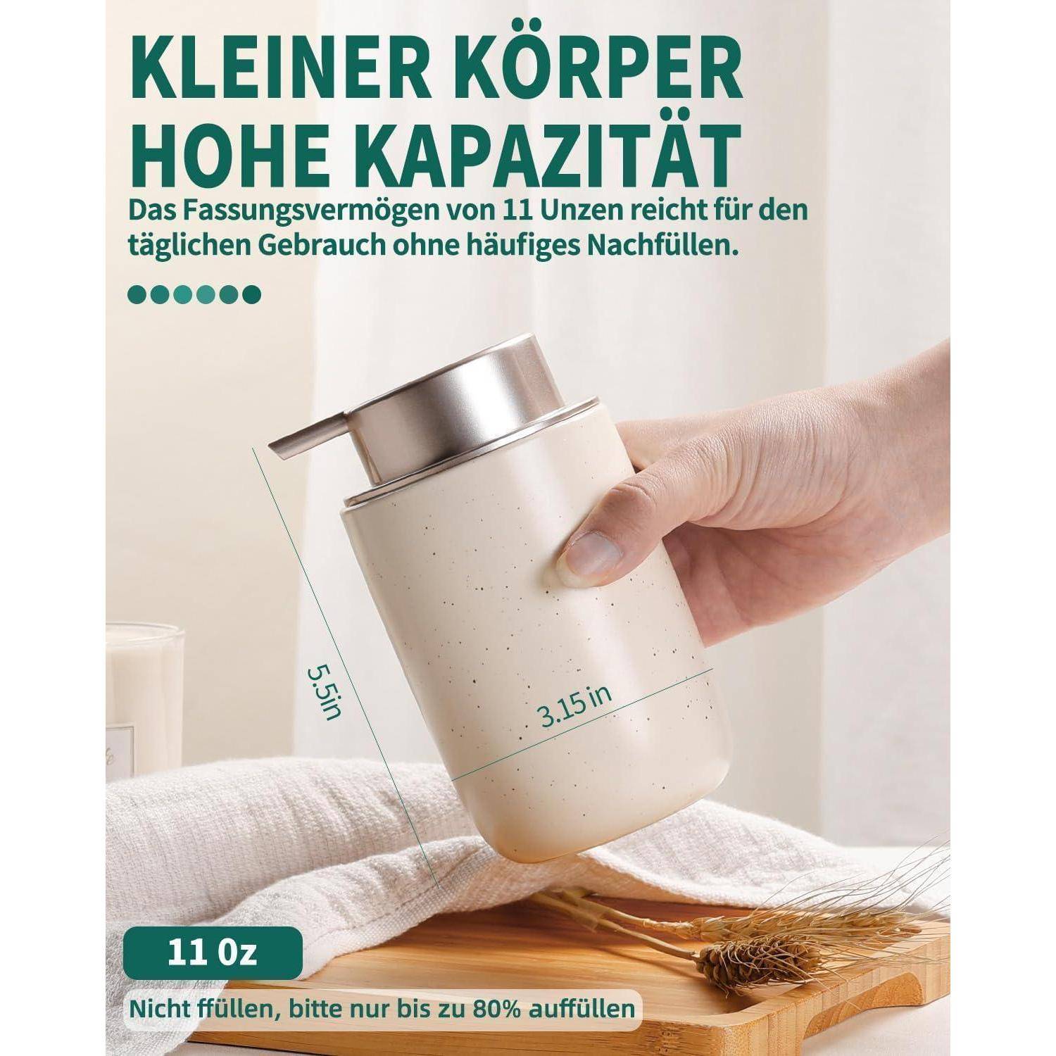 KLEINER KÖRPER HOHE KAPAZITÄT; 11 oz Fassungsvermögen, 5,5 Zoll groß, 3,15 Zoll breit, nur bis 80% füllen.
