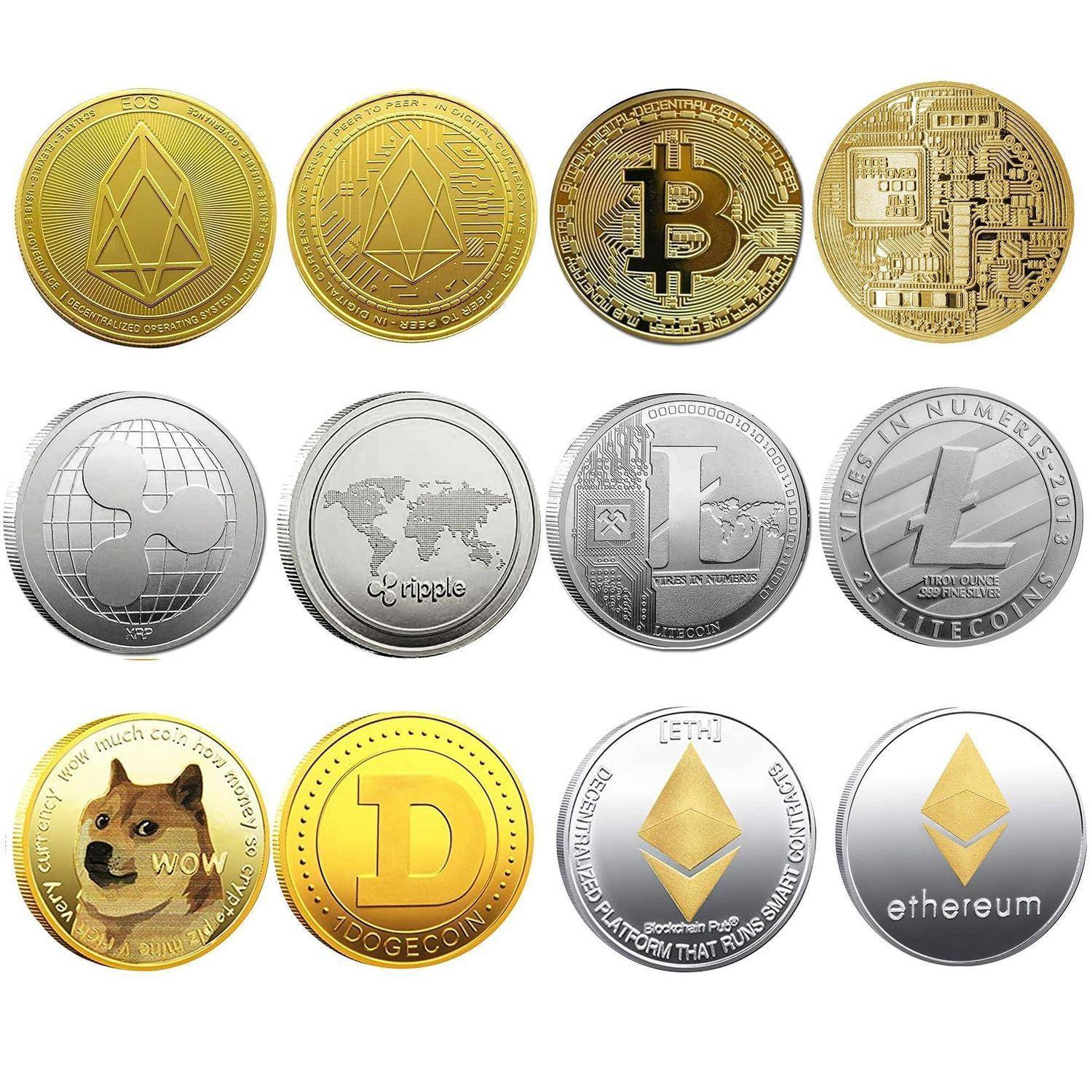 Gitter aus 12 Kryptowährungsmünzen, einschließlich Bitcoin, Ethereum, Ripple, Litecoin, Dogecoin und anderen Altcoin-Logos.
