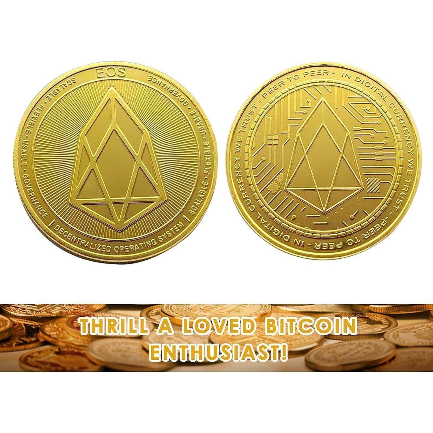 Zwei Gold-EOS-Münz-Designs werden nebeneinander über einem Banner mit der Aufschrift „BEGEISTERN SIE EINEN BITCOIN-ENTHUSIASTEN!