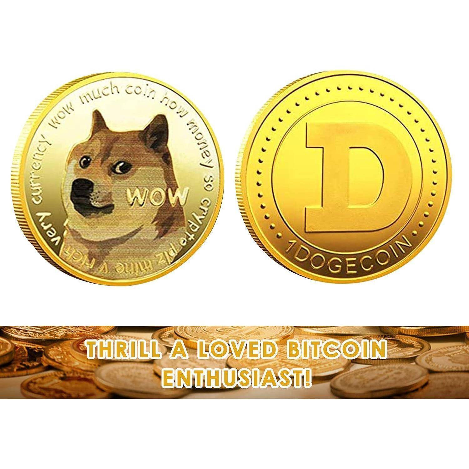 Zwei Dogecoin-ähnliche Goldmünzen, eine mit einem Shiba Inu und „WOW