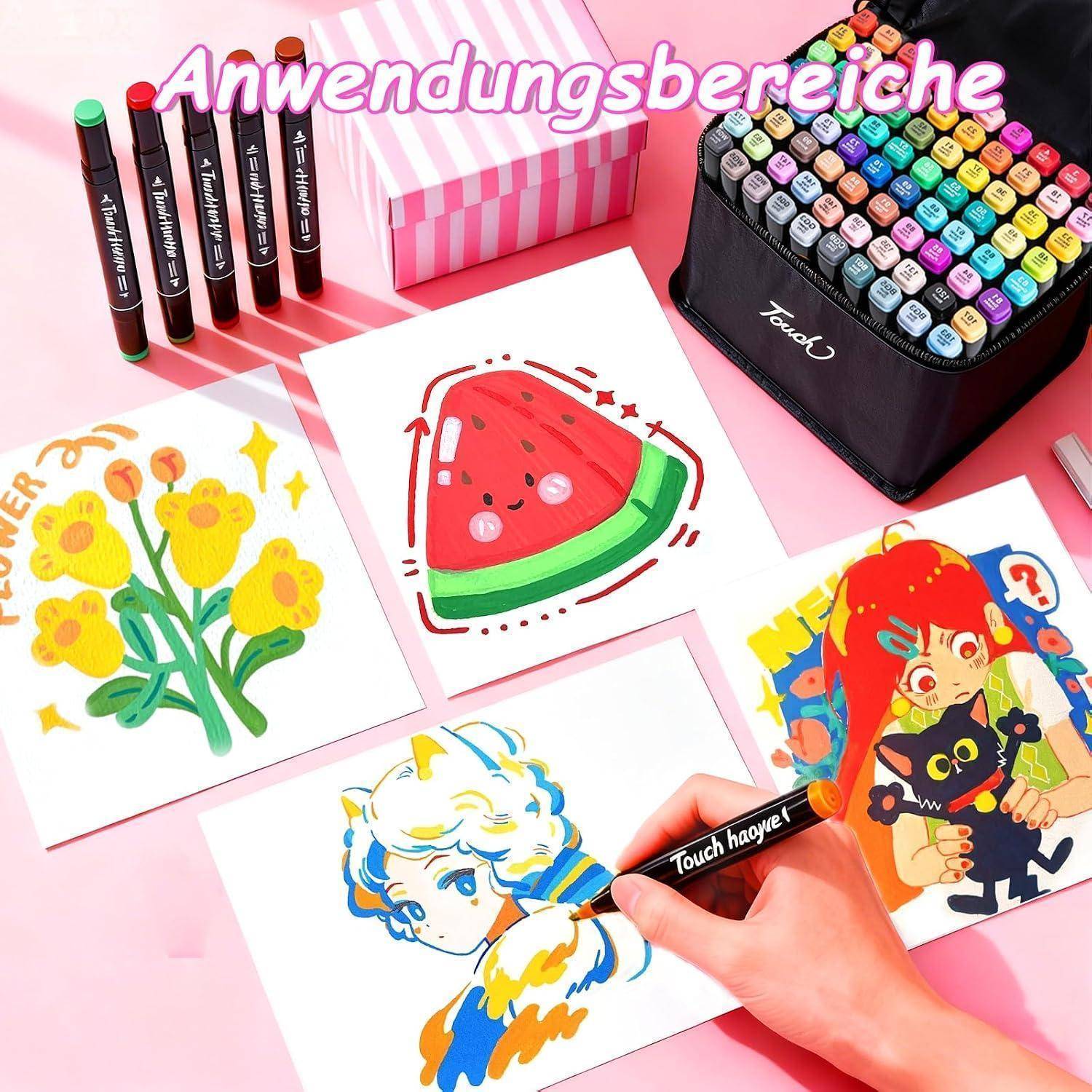 Marker und eine Hand zeichnen bunte Cartoon-Kunst auf weißen Karten, mit Beispielillustrationen und einem Koffer mit vielen Stiften mit der Aufschrift „Anwendungsbereiche".