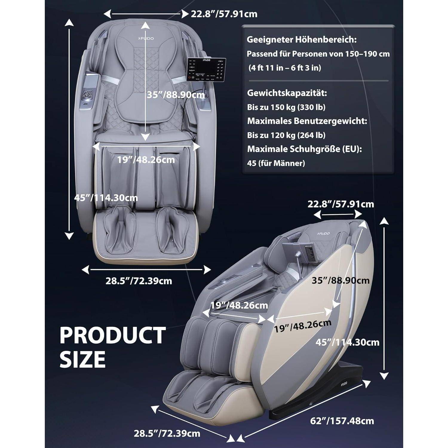 Produktgrößendiagramm eines Massagesessels mit den Abmessungen 22,8 x 35 x 45 x 28,5 x 62 Zoll und Eignungsdetails: Körpergröße 150–190 cm, Gewicht bis 150 kg, maximales Benutzergewicht 120 kg, Schuhgröße 45 für Herren.