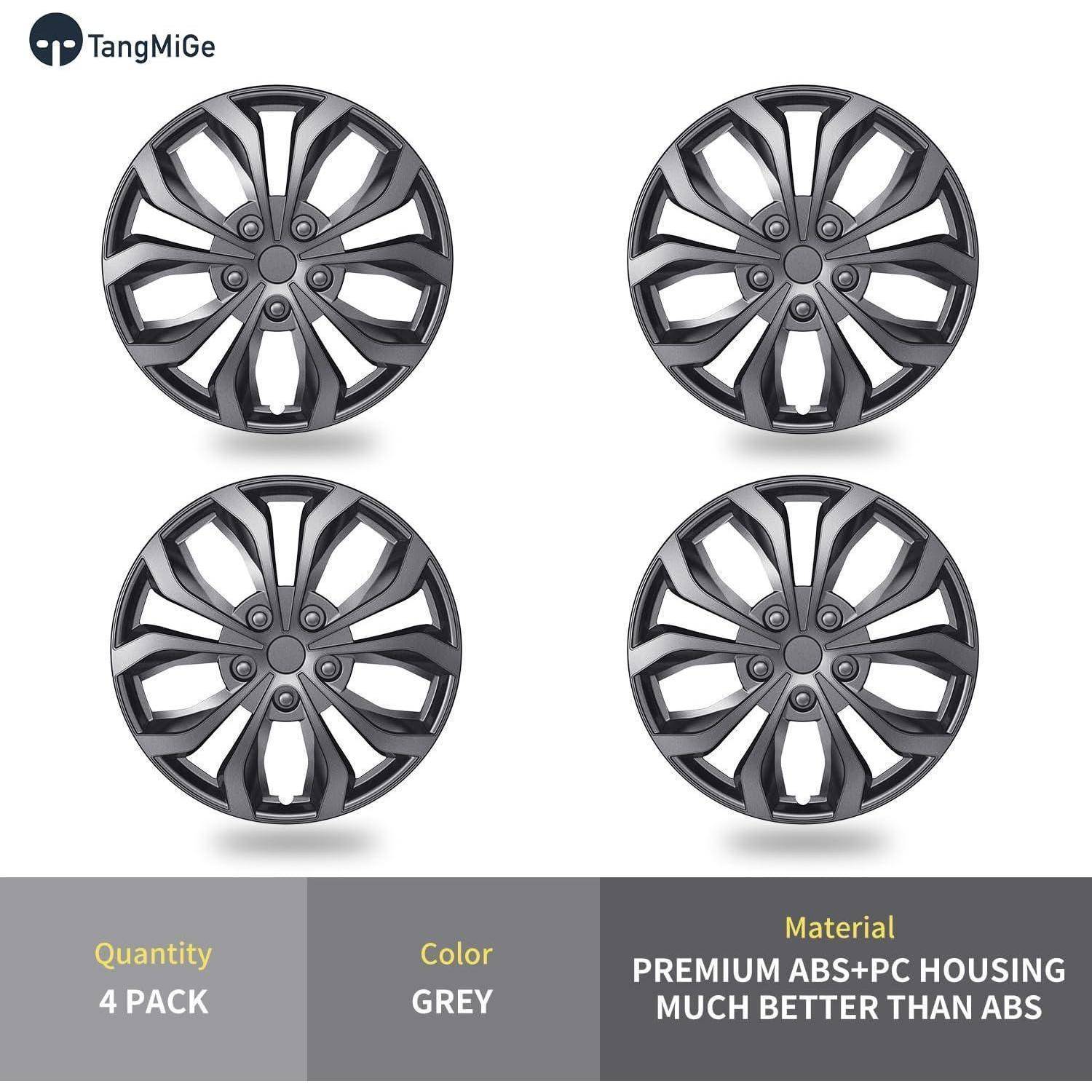Produktbild von vier grauen Radkappen für Autos; der Text hebt hervor: „Menge 4er PACK