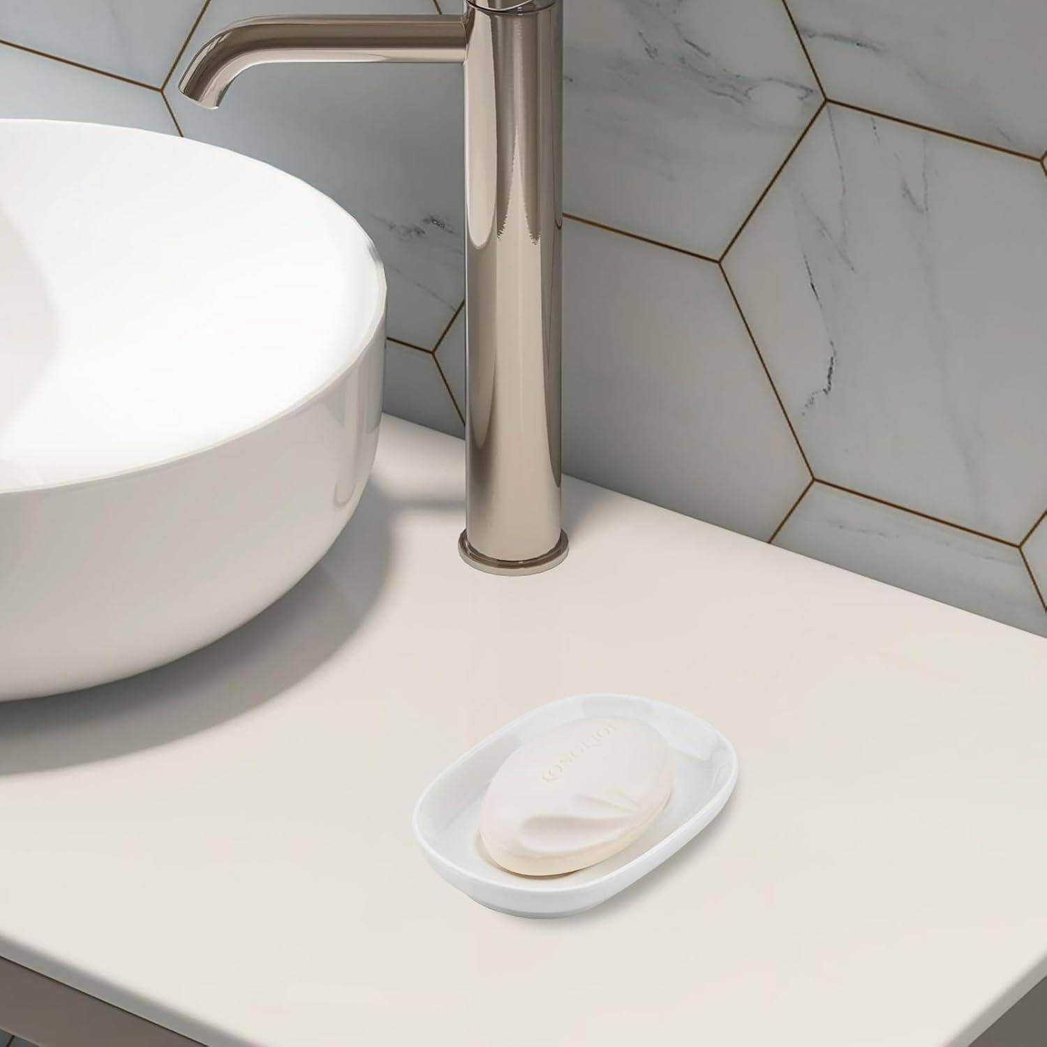 Seifenschale Keramik, Anti-Rutsch Seifenschale Marmor, Seifenablage Waschbecken, Seifenhalter, Seifenteller für Badezimmer, Dusche und Küche (Weiß)