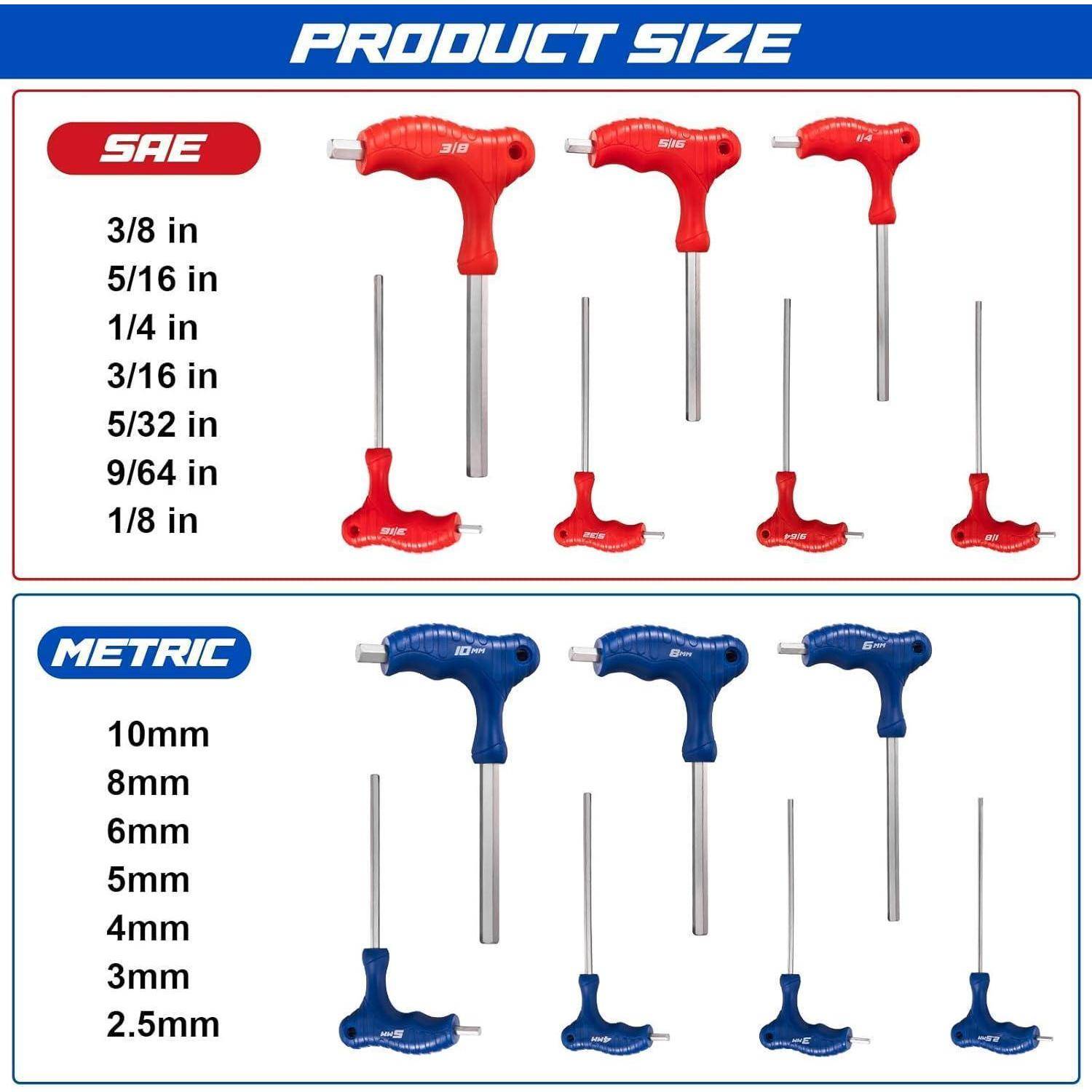 Größentabelle für T-Griff-Sechskantschlüssel in SAE und Metrisch, zeigt verfügbare Größen von 3/8 Zoll bis 1/8 Zoll und 10 mm bis 2,5 mm.