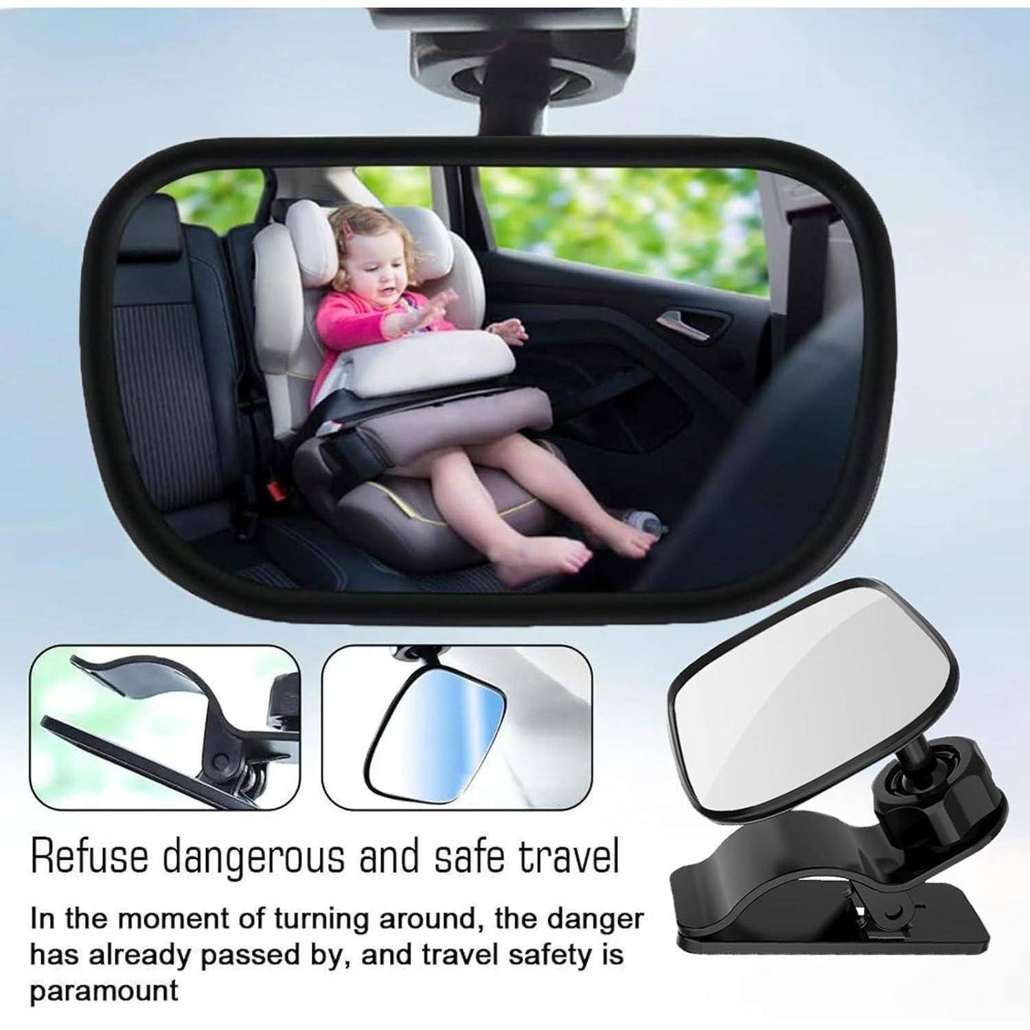 Rückspiegel des Autos zeigt ein Baby in einem Kindersitz, mit einer Werbegrafik für einen Kindsicherheitsspiegel und dem Text „Gefährliches ablehnen und sicher reisen