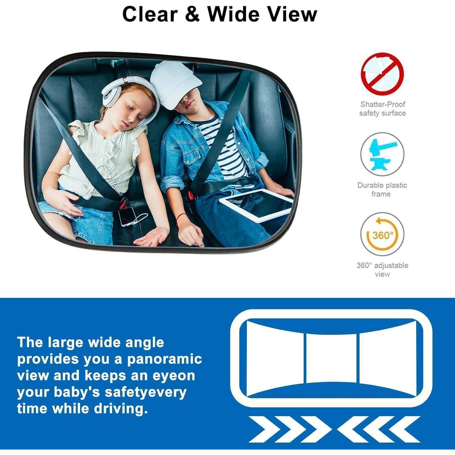Infografik eines Auto-Rücksitzbabyspiegel, der zwei schlafende Kinder zeigt und eine klare, breite Panorama-Ansicht, bruchsichere Oberfläche, robuste Kunststoffrahmung und 360°-verstellbaren Blickwinkel hervorhebt.