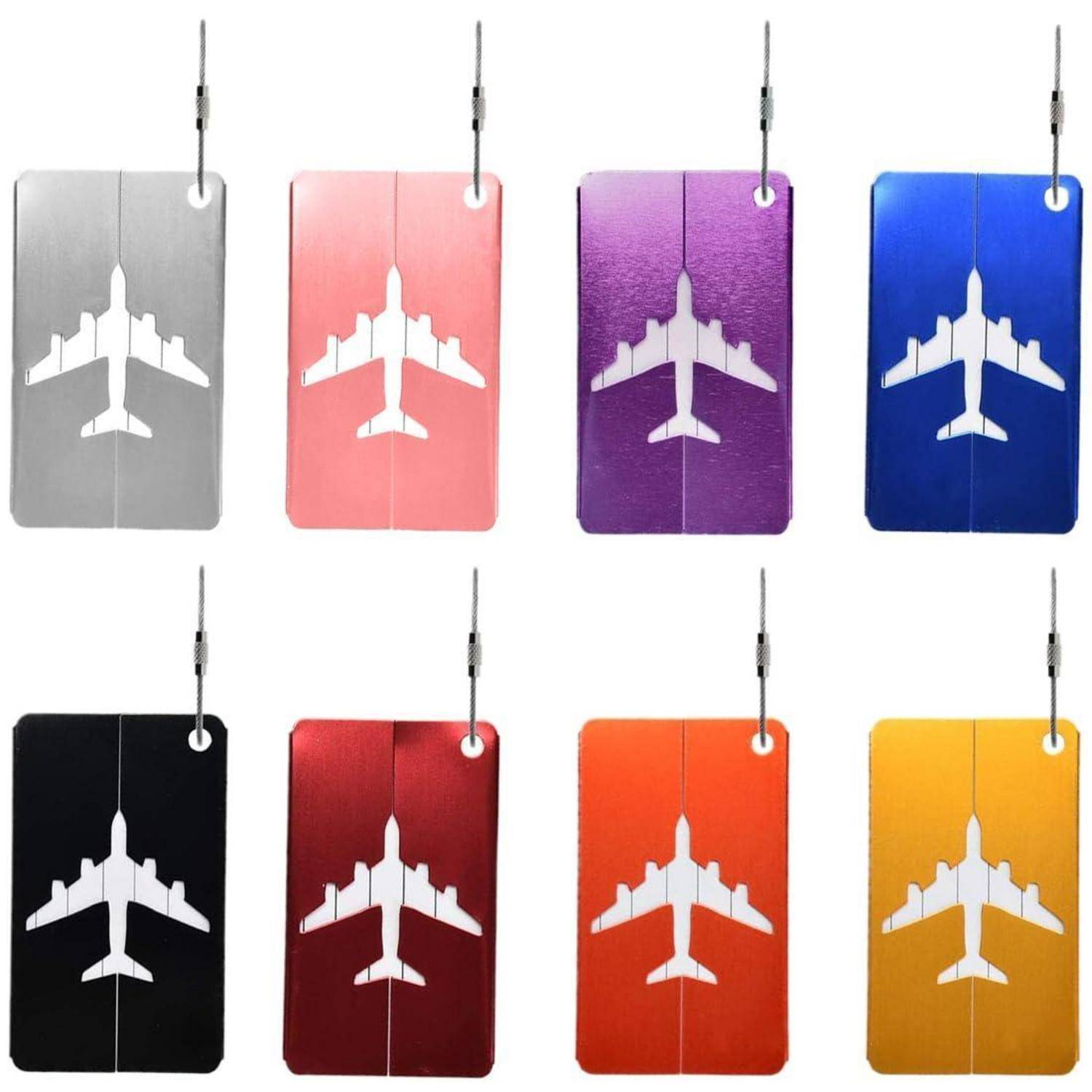 Acht hängende Gepäckanhänger in verschiedenen Farben, jeder mit einer weißen Flugzeugsillhouette bedruckt.