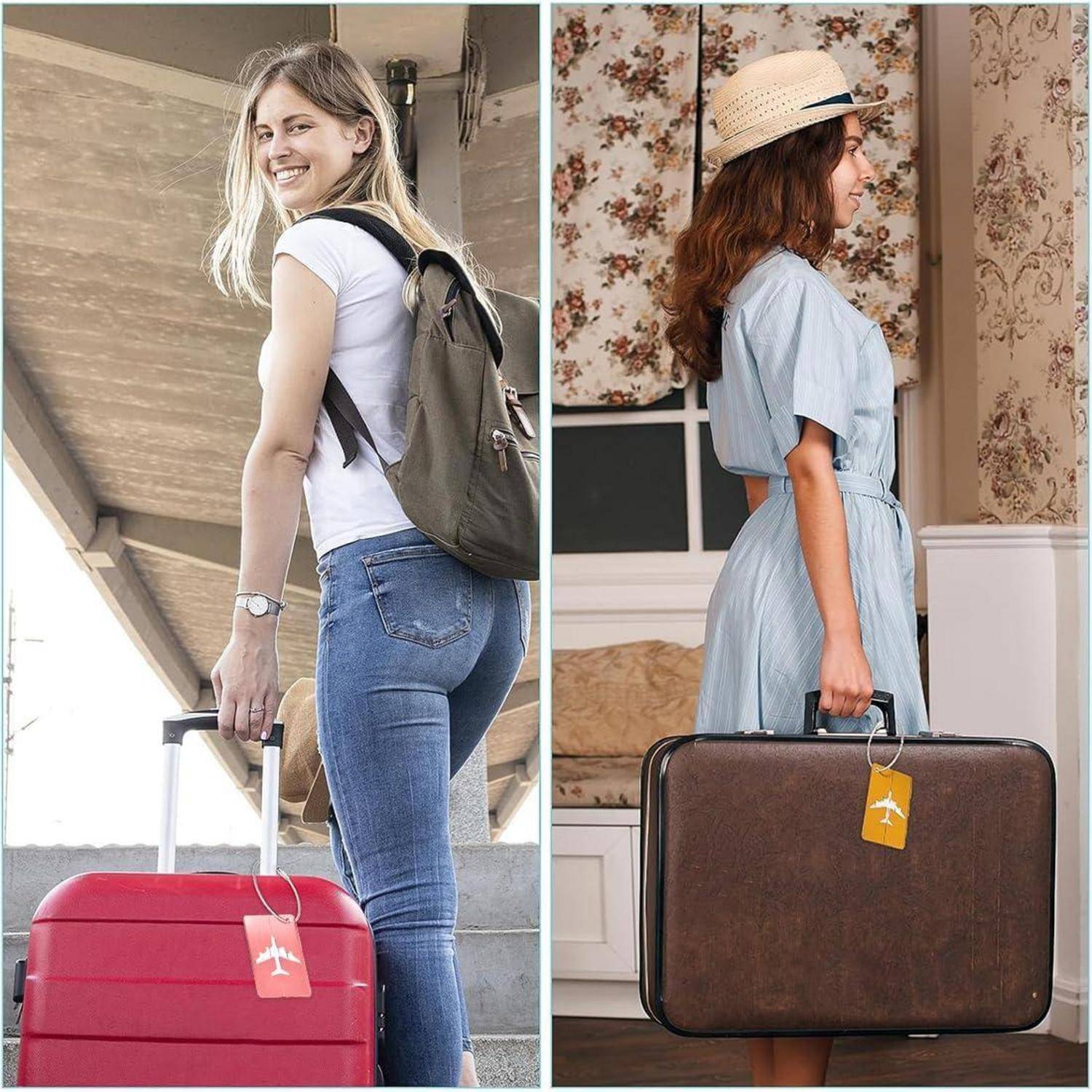 Geteiltes Bild von zwei Frauen auf Reisen, die jeweils einen Koffer halten: eine draußen mit einem roten Koffer und Rucksack, die andere drinnen mit einem braunen Koffer und Strohhut.