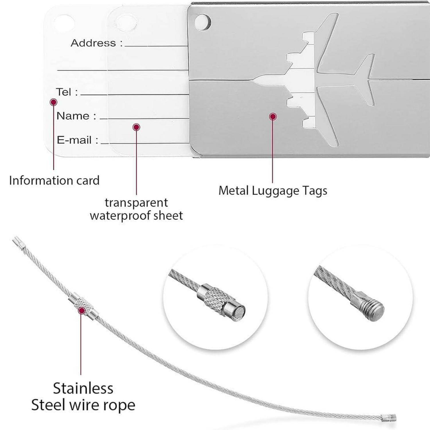 Kofferanhänger-Set mit einer Informationskarte, transparenter wasserdichter Folie, Metallanhänger-Halter und Edelstahlseilzug mit zwei Verbindungsenden.