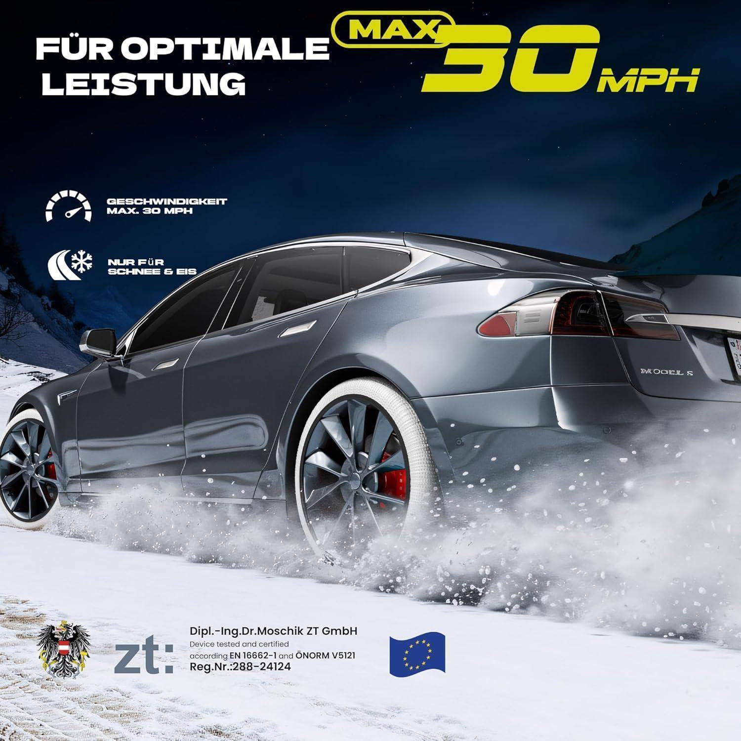 Werbebild eines silbernen Tesla Model S, der durch Schnee fährt, mit Hervorhebung der Leistung „MAX 30 MPH