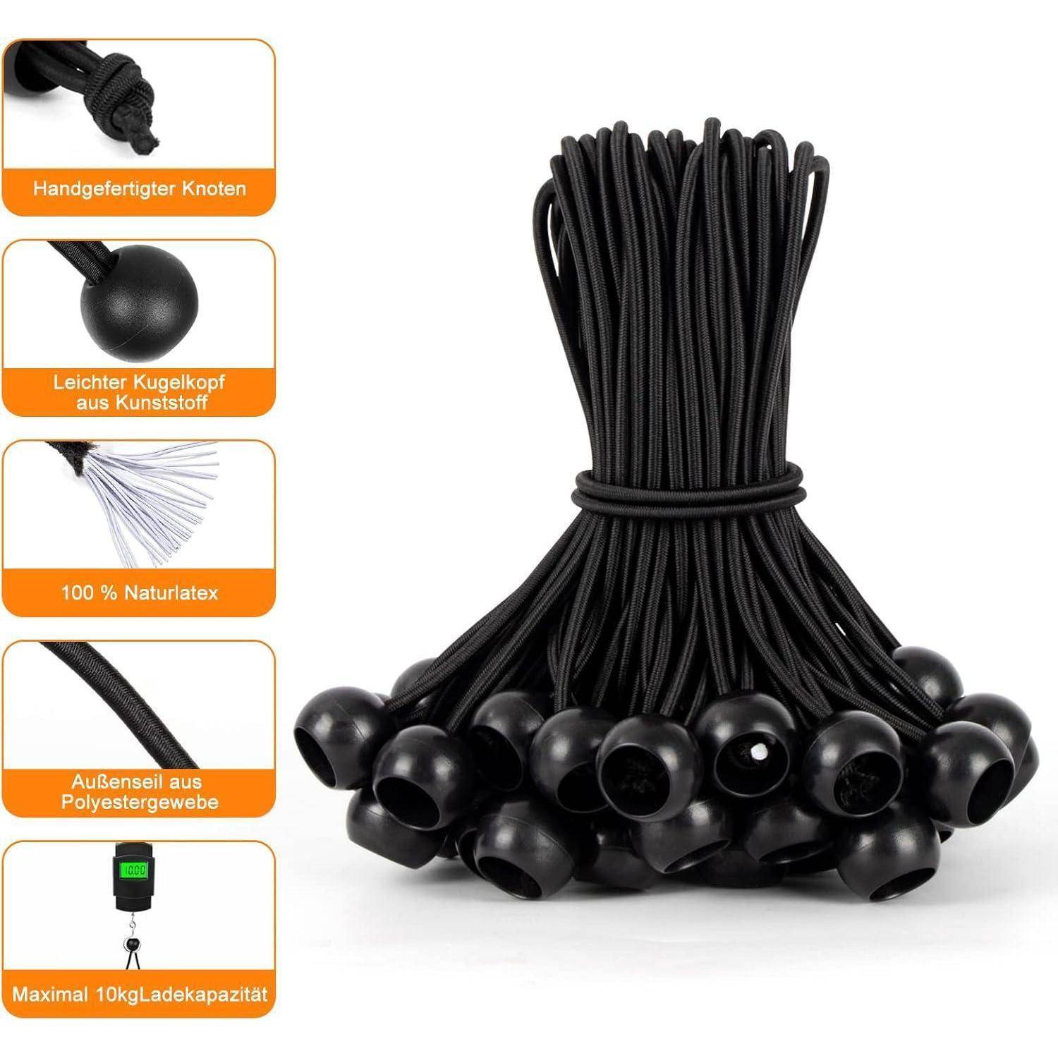 Schwarzes Bungee-Kordel-Set mit Kunststoffkugel-Enden; Seitensymbole heben handgefertigte Knoten, leichte Kugelkopf, 100% Naturlatex, Polyestermantel und 10 kg Tragfähigkeit hervor.