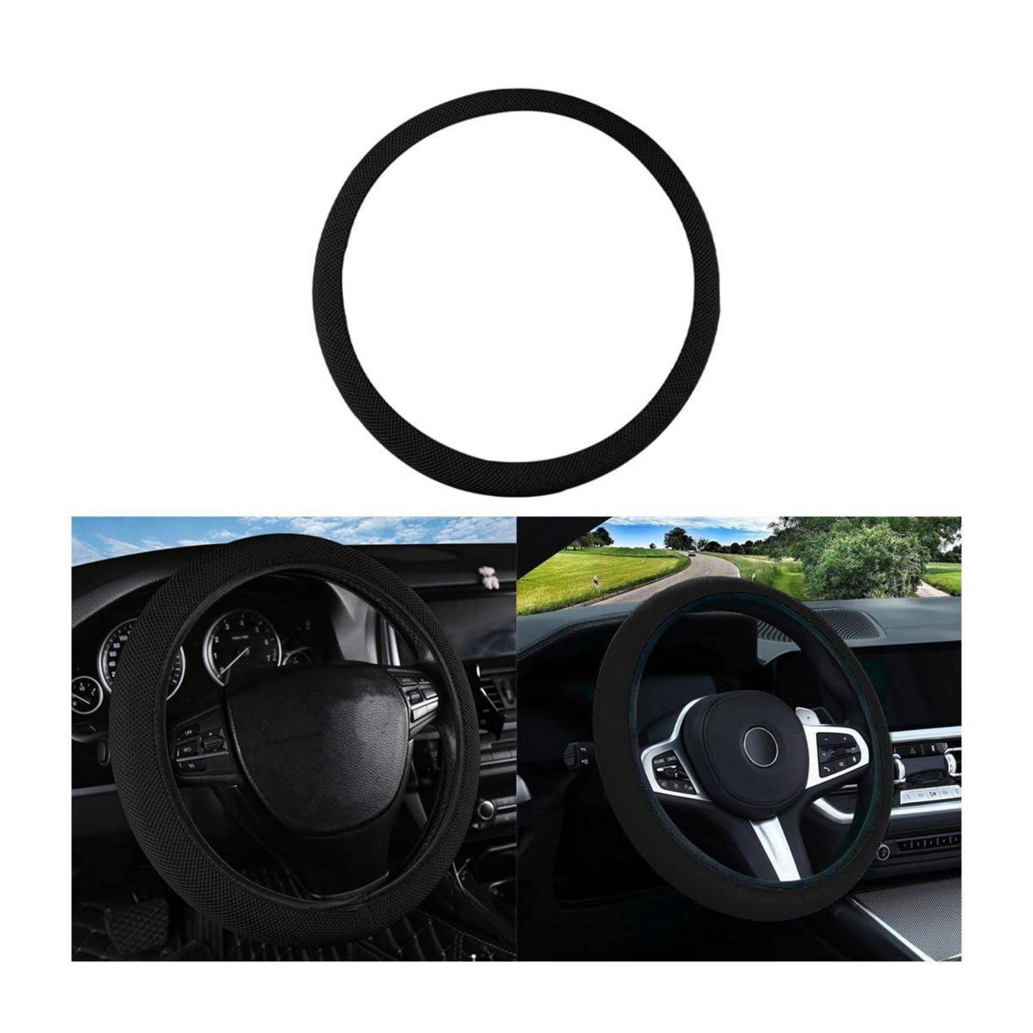 Schwarze Lenkradabdeckung, oben über zwei Autolenkrädern gezeigt, als Vorher-Nachher-Vergleich, der die auf einem Autolenkrad installierte Abdeckung zeigt.