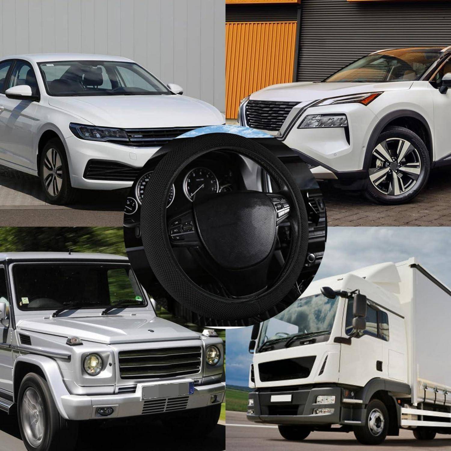 Kollage von Fahrzeugen: weiße Limousine, weißer SUV, silberner Gelände-SUV, weißer Kasten-Lastwagen und eine Nahaufnahme eines Lenkrads in der Mitte.