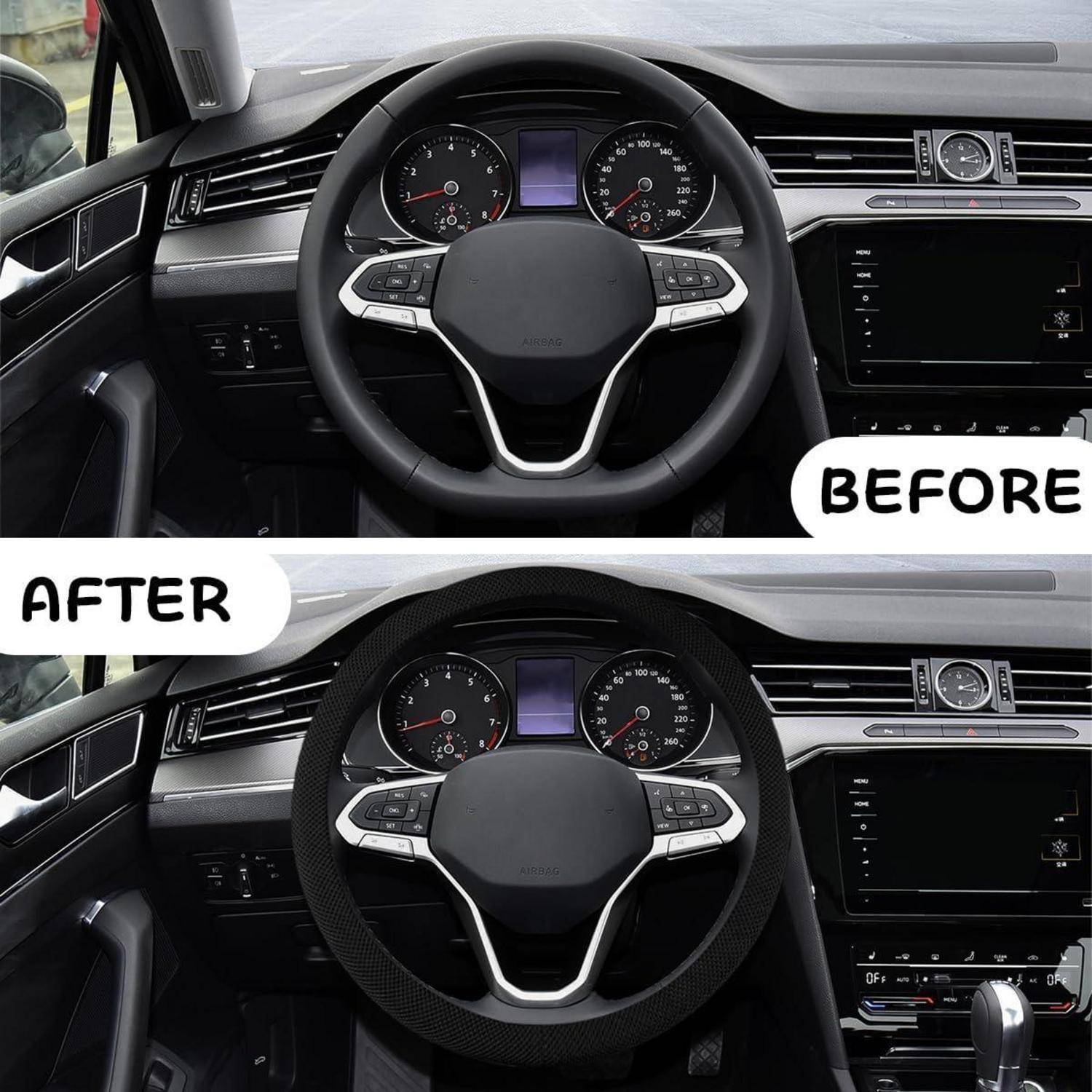 Vorher-und-Nachher-Vergleich des Autoinnenraums, der das gleiche Armaturenbrett und Lenkrad zeigt, wobei das Nachher-Bild eine Lenkradabdeckung im Kohlefaser-Stil und einen Schaltknüppel hinzufügt.