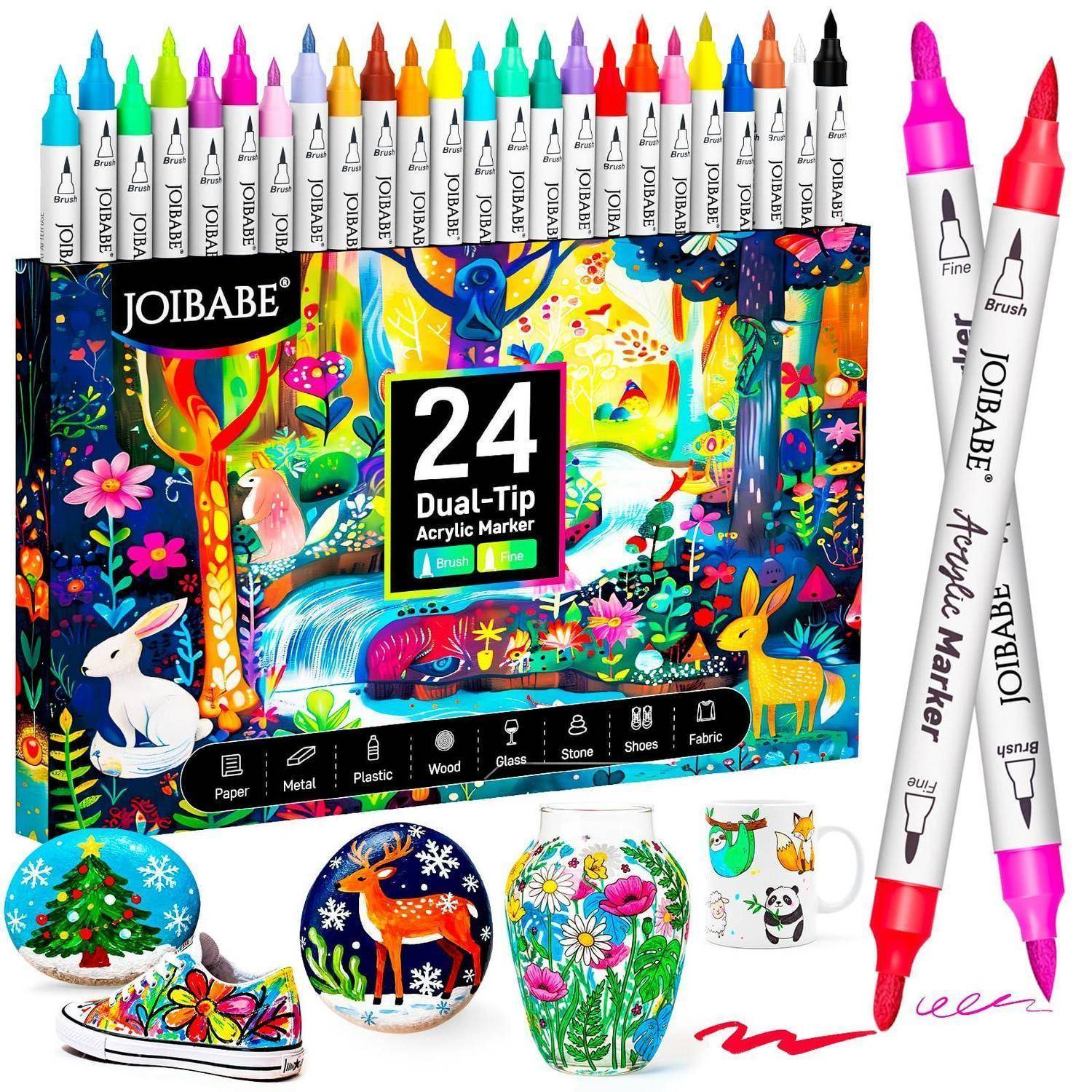Karton mit 24 JOIBABE Acrylmarkern mit doppelter Spitze und farbigen Spitzen, plus Mustermalereien, die lebendige Blumen-, Tier- und Winterdesigns zeigen.
