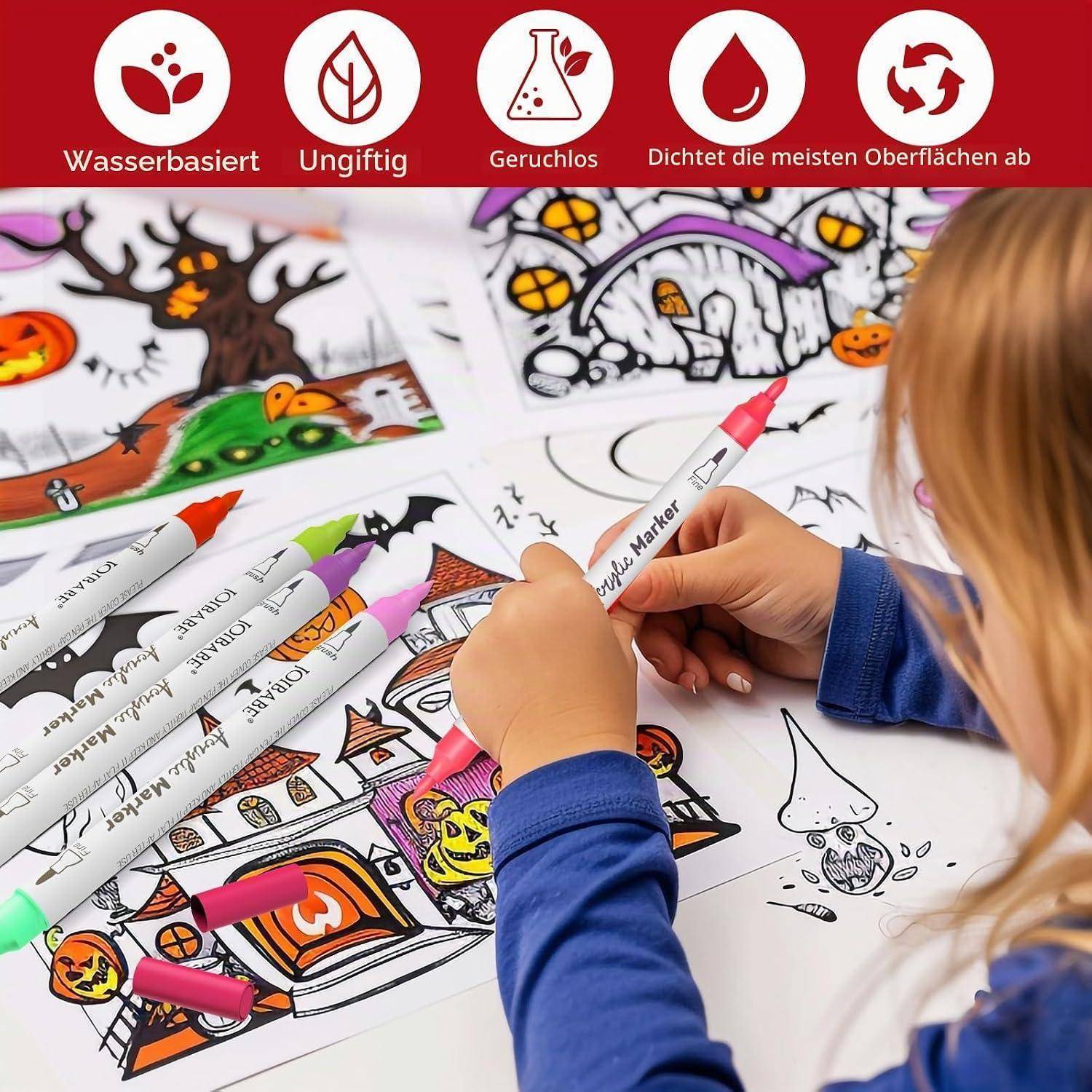 Kind färbt Halloween-themed Zeichnungen mit auswaschbaren Markern; oberes Banner auf Deutsch hebt wasserbasierte, ungiftige, geruchslose und deckende Marker hervor.