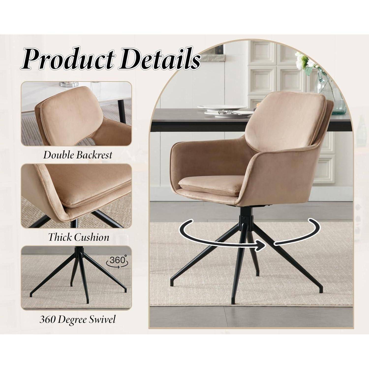 Produktdetailbild eines beige Drehstuhls mit doppelter Rückenlehne, dickem Kissen und 360-Grad-Drehbasis in einer Esszimmereinrichtung.