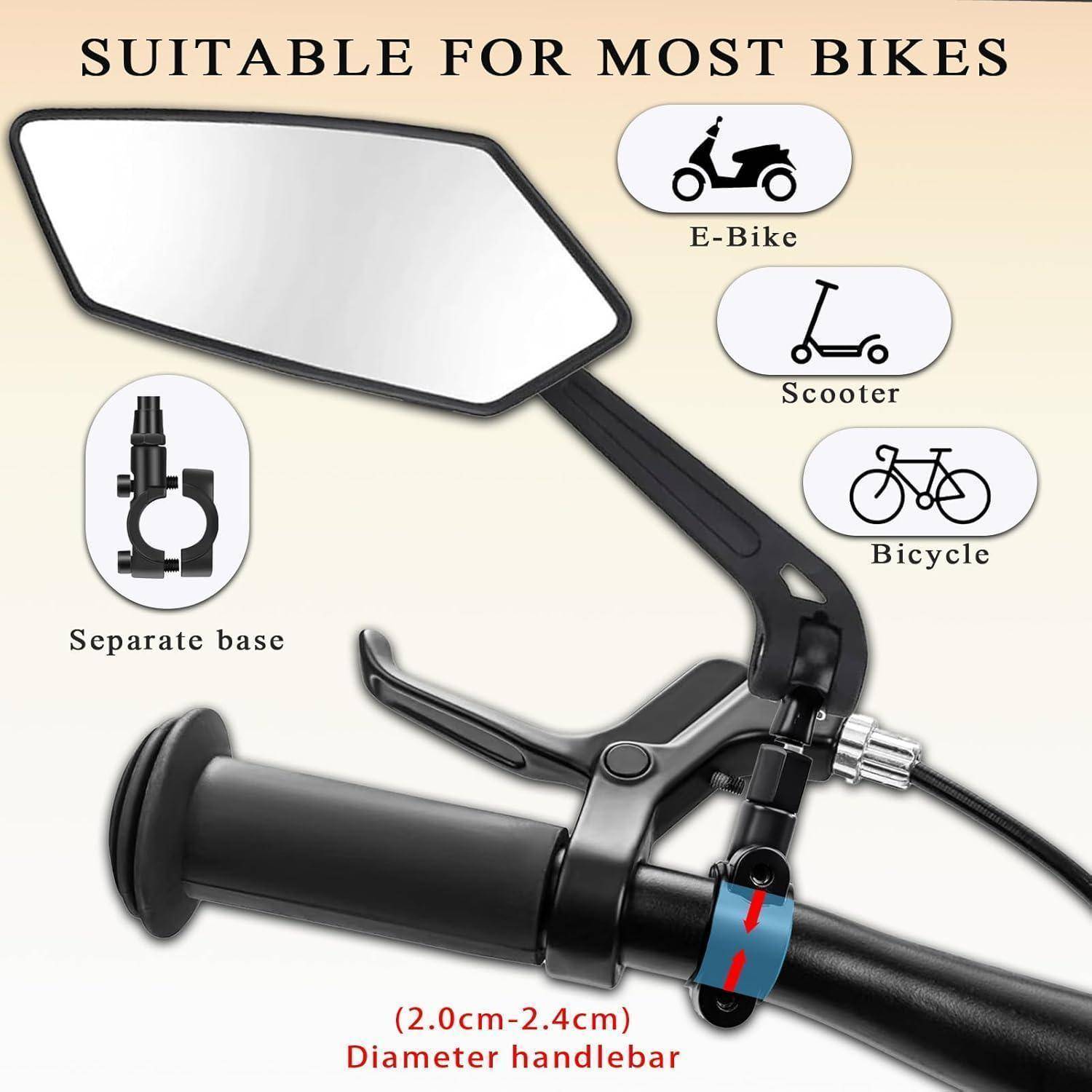 Spiegel an Lenker montiert, gekennzeichnet mit „GEEIGNET FÜR DIE MEISTEN FAHRRÄDER", mit Symbolen zur Verwendung für E-Bike, Roller und Fahrrad; separate Basis und 2,0 cm–2,4 cm Lenkerdurchmesser.