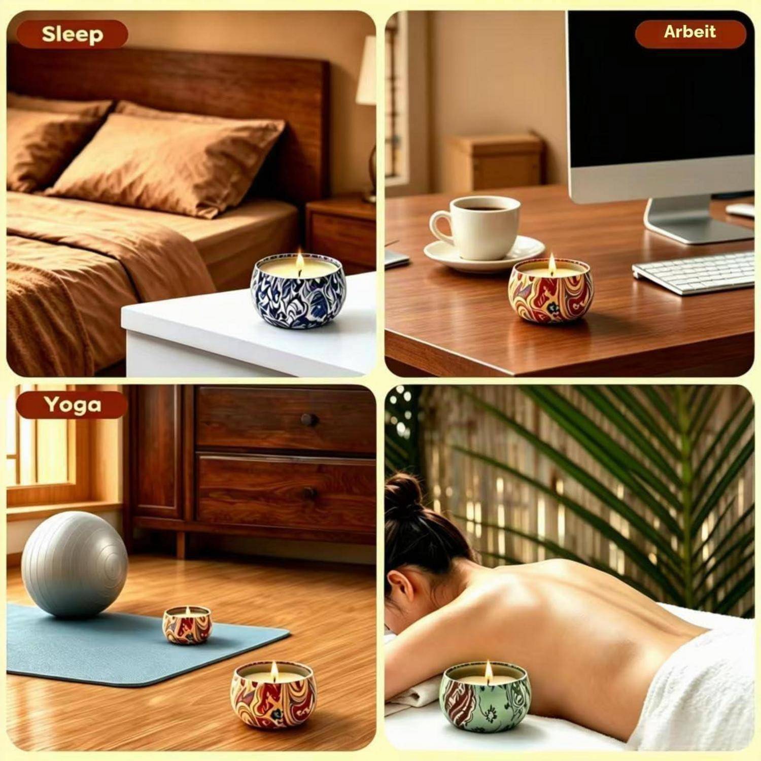 Vier-Panel-Bild, das Duftkerzen in verschiedenen Umgebungen zeigt: Schlaf neben einem Bett, Arbeit auf einem Schreibtisch, Yoga auf einer Matte und Massage auf einer Spa-Liege.