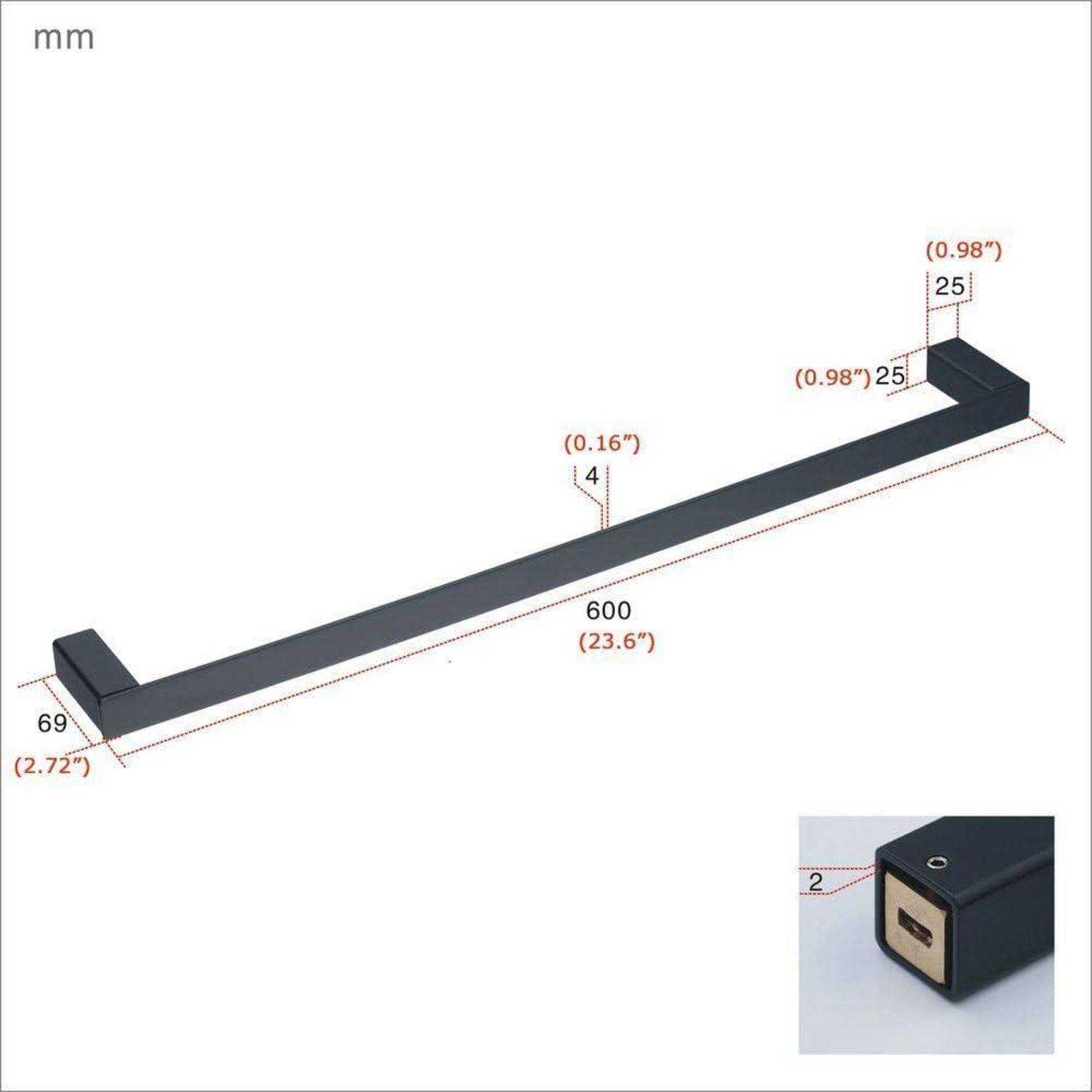 Technische Zeichnung eines schwarzen Metallgriffs, 600 mm lang, 69 mm tief, 4 mm stark, mit 25 mm Endumläufen; Ausschnitt zeigt ein quadratisches Befestigungsende.