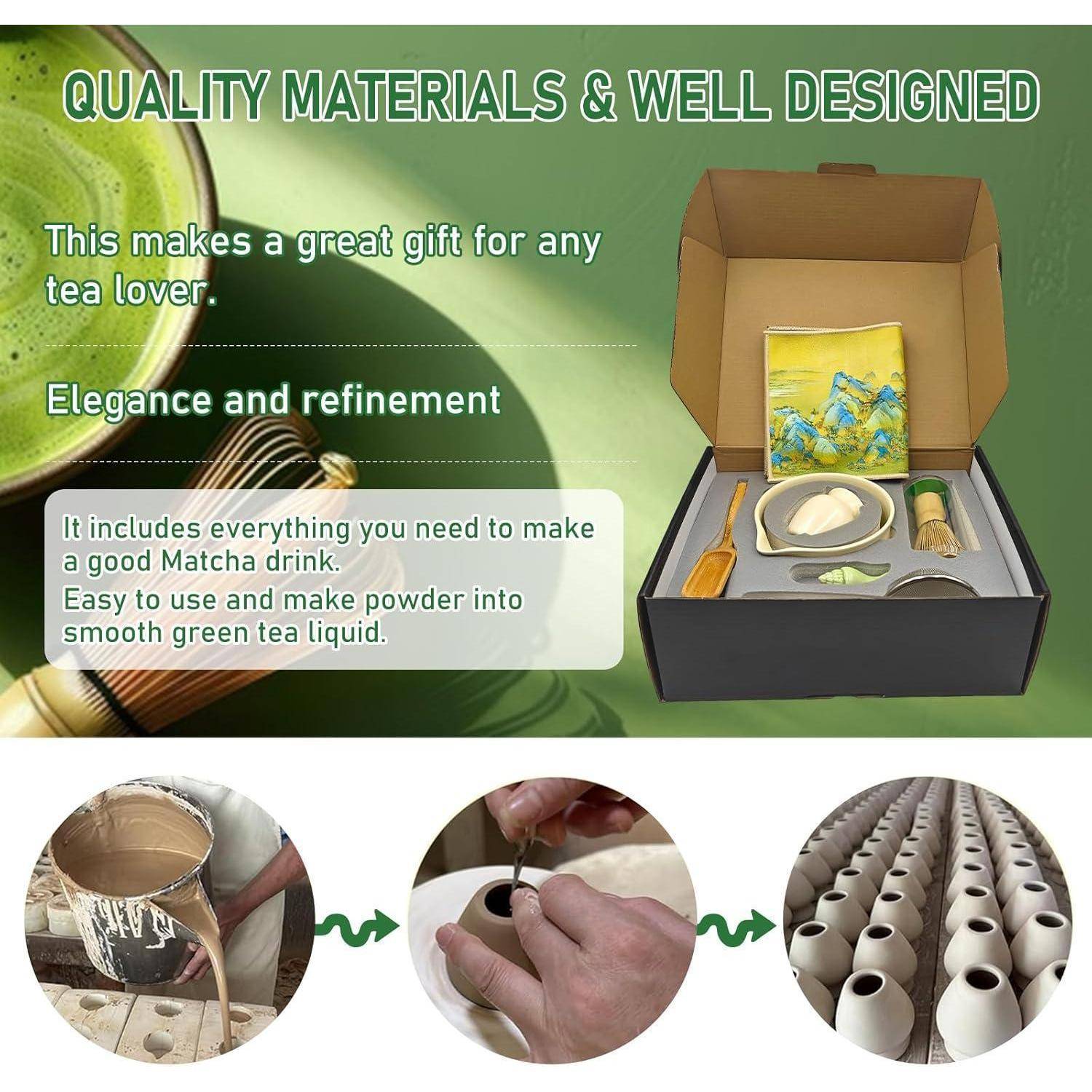 Promocionales Bild eines Matcha-Tee-Geschenksets in einer offenen Schachtel mit Text, der besagt, dass es ein großartiges Geschenk ist und alles Notwendige zum Zubereiten von seidigem grünem Tee enthält; untere Kreise zeigen Schritte zur Herstellung von Keramik.
