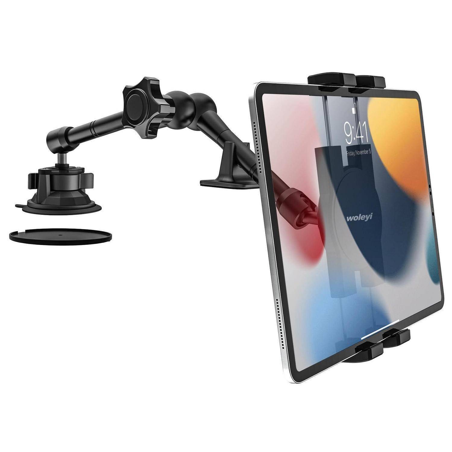 Verstellbarer Saugnapf-Arm und Klemmhalter für ein Tablet, zeigt eine Tablet-Halterung im Auto-/Armaturenbrett-Stil.