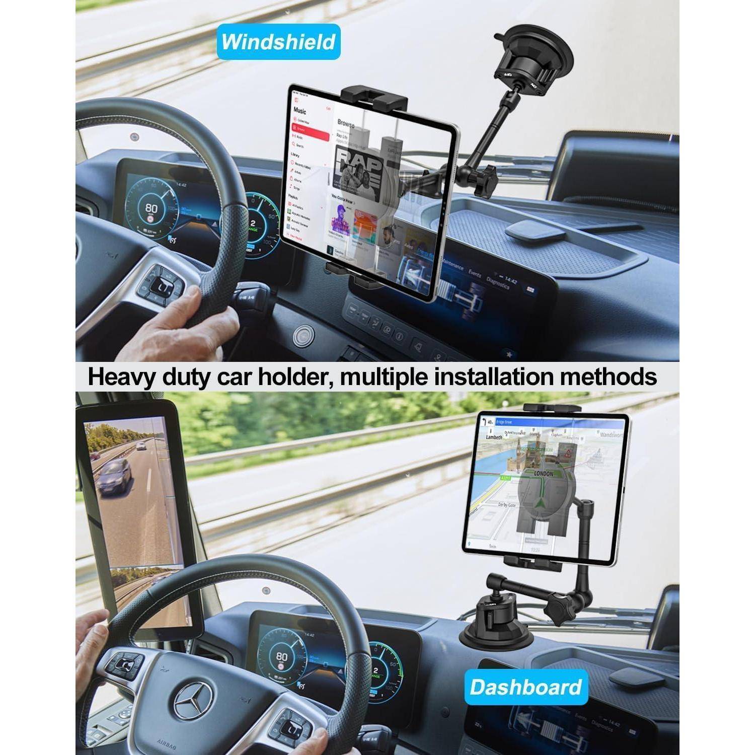 woleyi LKW/Auto Tablet Halterung Armaturenbrett Windschutzscheibe, Heavy Duty iPad Autohalterung Saugnapf mit Metallarm für 4-12,9" Handy &amp; Tablet