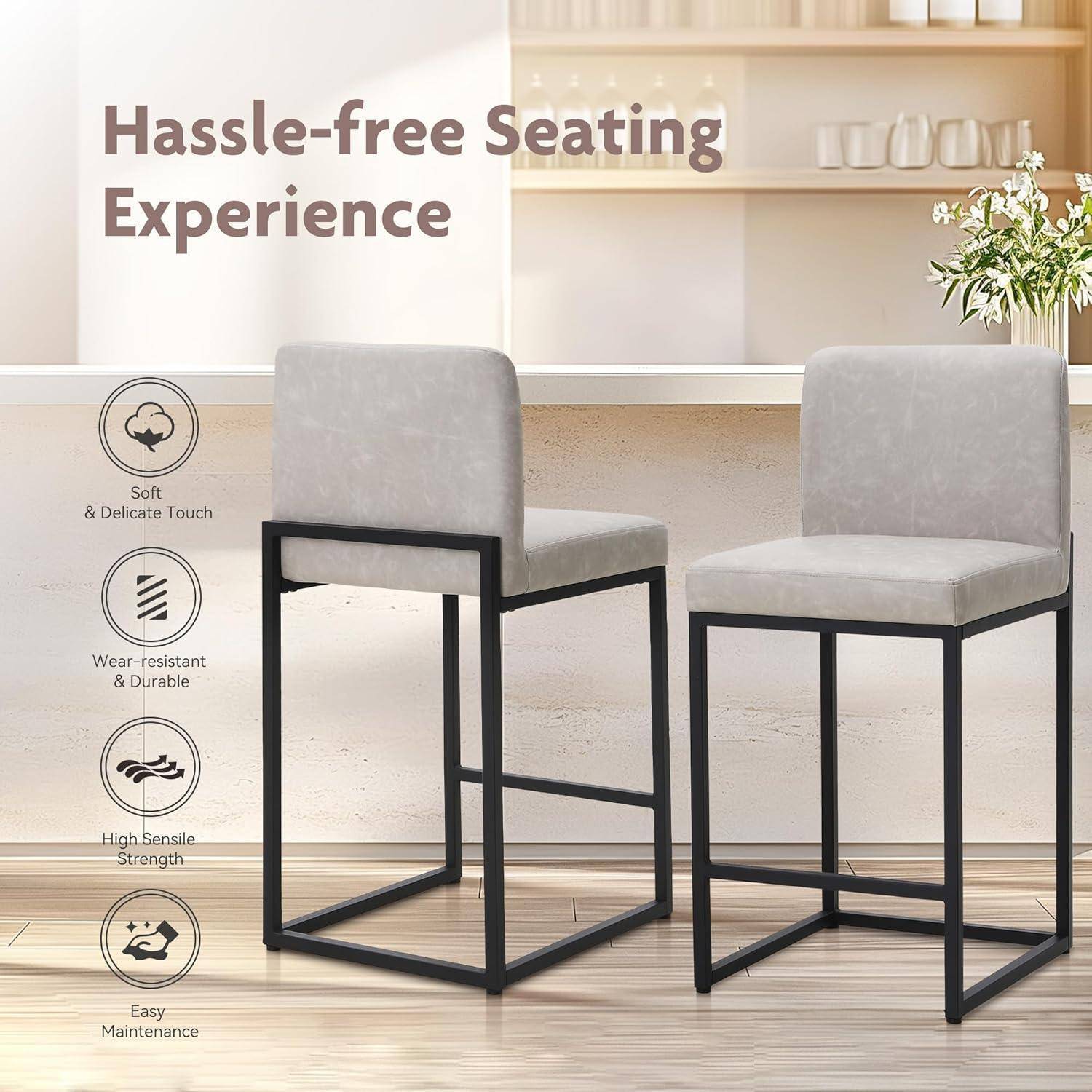 ALPHA HOME Barhocker 2er Set Barhocker mit Lehne Pu-Leder Küchenhocker Barstuhl 2er Set mit Fußstütze für Küchentheke Stabiler Metallstahlrahmen,