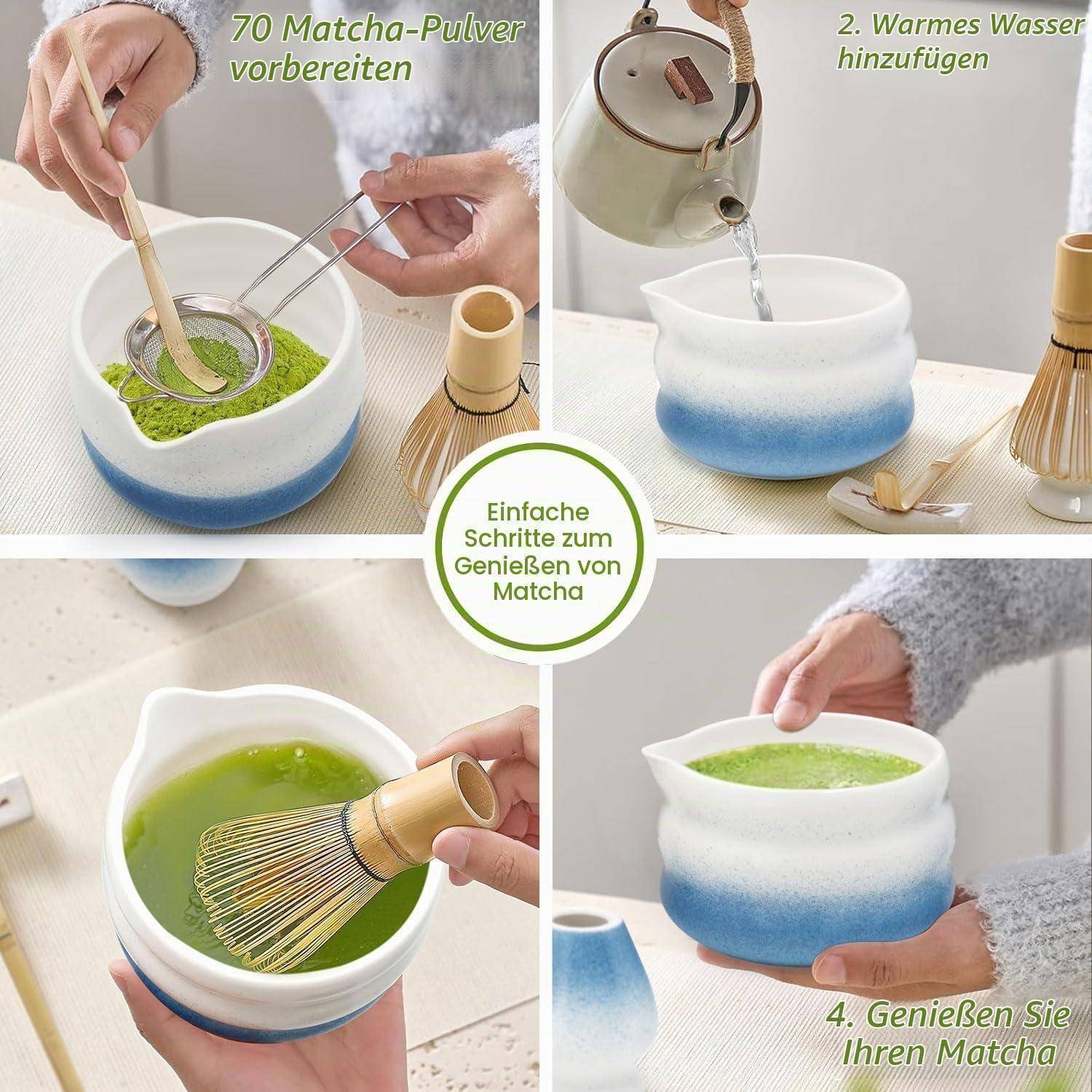 Vier-Schritte-Anleitung zur Matcha-Zubereitung: Matcha-Pulver vorbereiten, warmes Wasser hinzufügen, zu Schaum aufschlagen, dann das Getränk genießen.