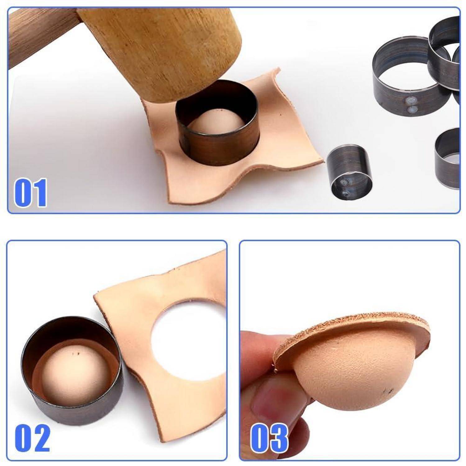 Schritt-für-Schritt-Anleitung zum Handwerk, die zeigt, wie ein Metallring in Leder gepresst wird, dann entfernt wird, um eine abgerundete Ledertasse oder Kuppel zu bilden.