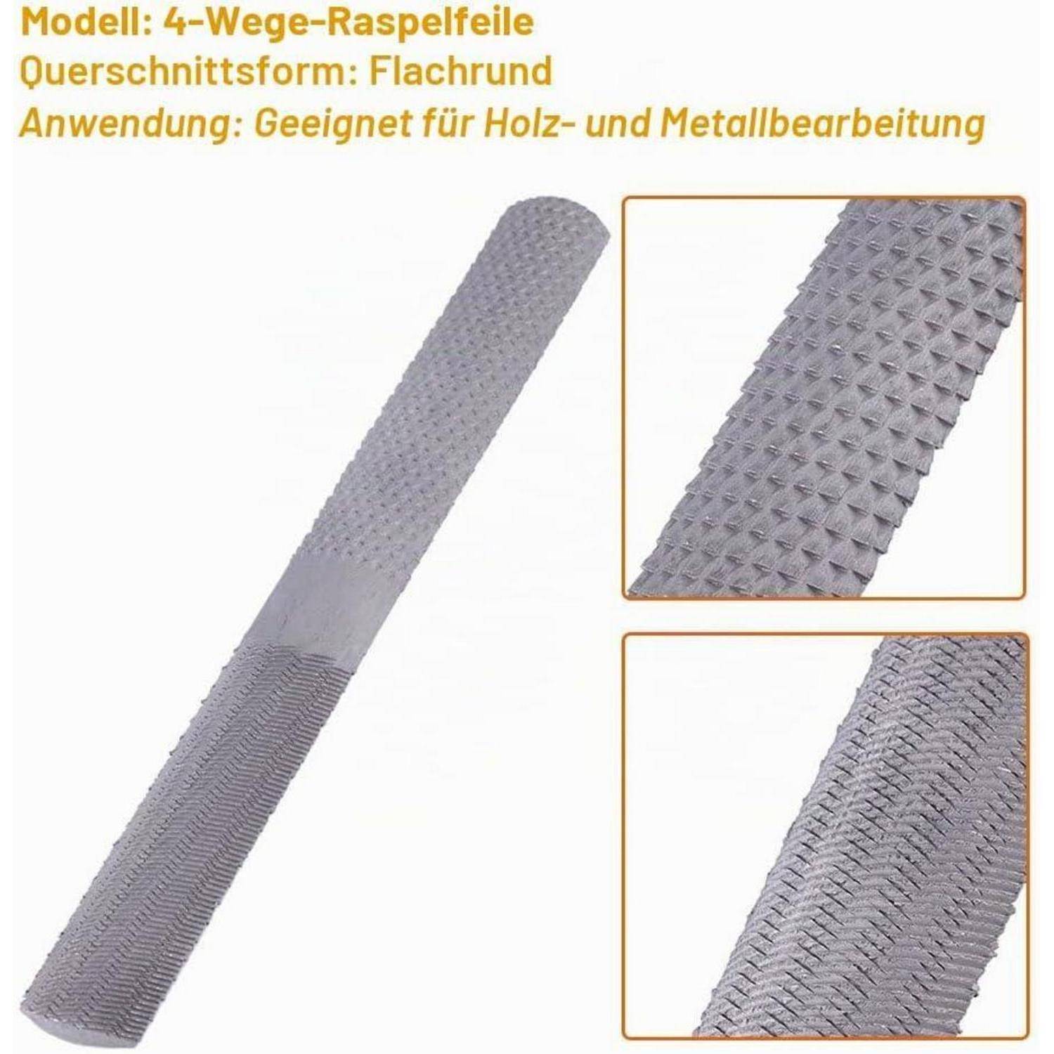 Produktbild einer 4-seitigen Raspel mit flach-rundem Profil, dargestellt mit detaillierten Nahaufnahmen; der Text besagt, dass sie für Holz- und Metallbearbeitung geeignet ist.