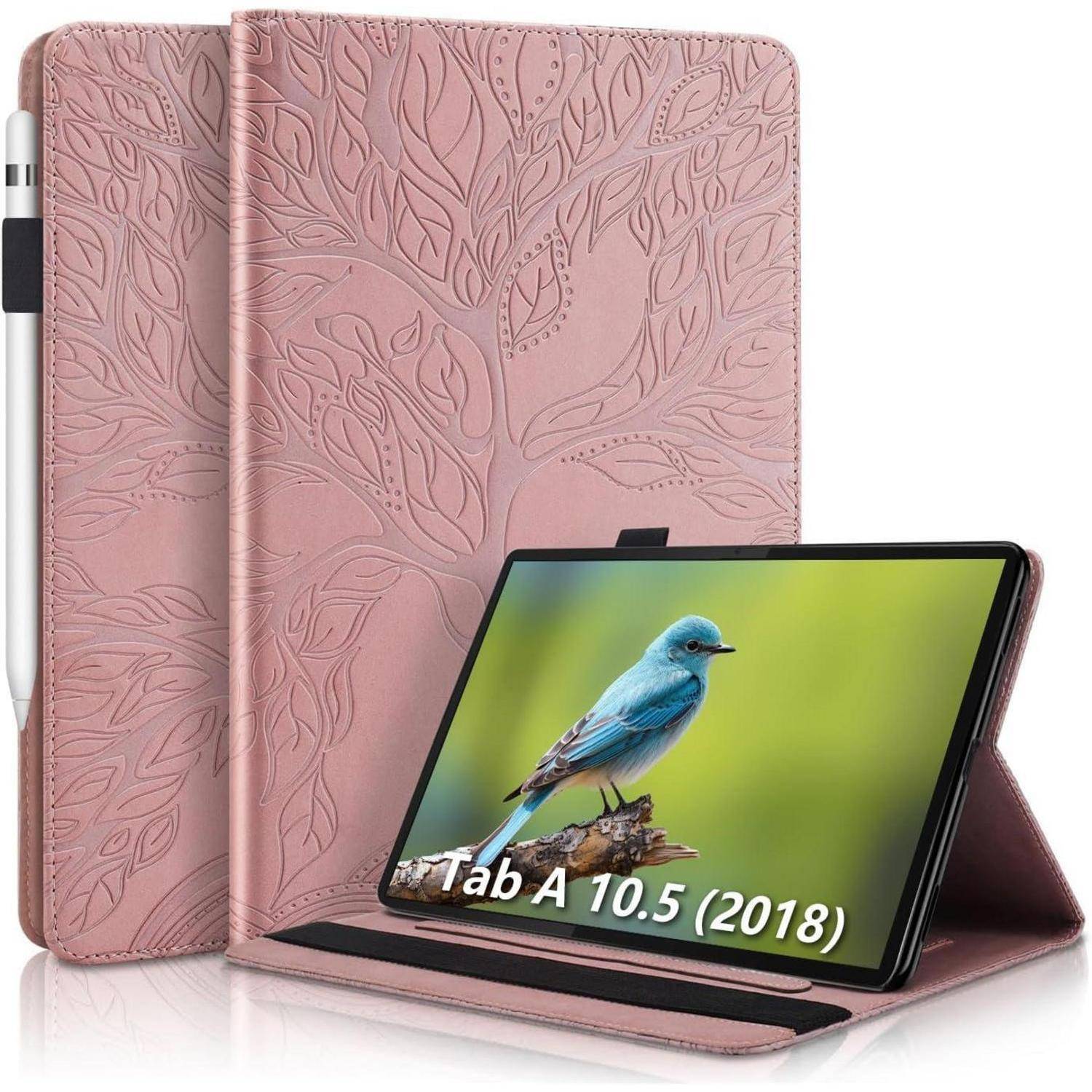 Rosa geprägte Folio-Tablet-Schutzhülle mit Stifthalter, geöffnet dargestellt mit einem Tablet, das einen blauen Vogel und den Text „Tab A 10.5 (2018)