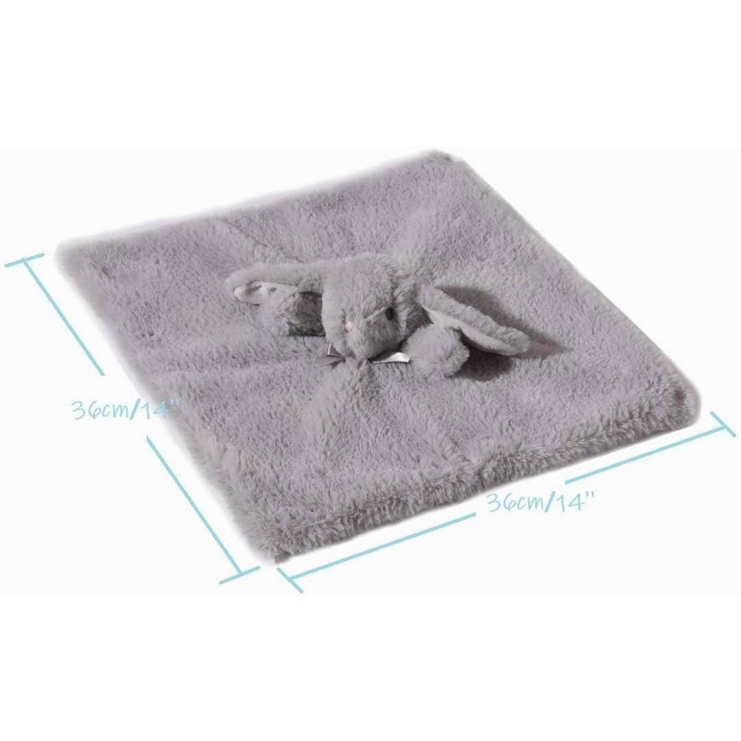 Graue quadratische Plüsch-Haustiermatte mit einem kleinen Stoffkaninchen, gezeigt mit markierten Abmessungen von 30 cm mal 14 Zoll.