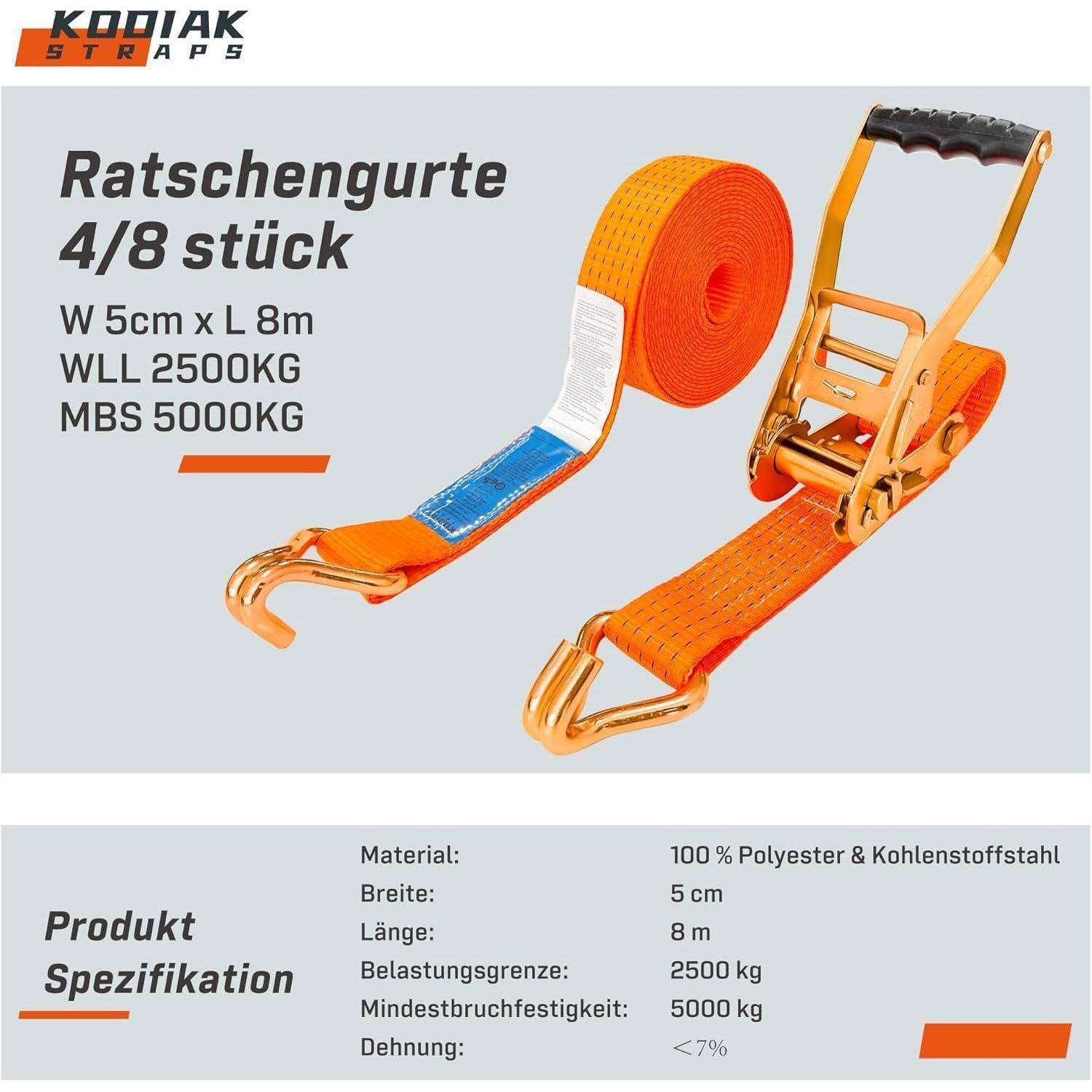 Produktbild von orangefarbenen Ratschengurten mit Haken und Ratschenschnalle, beschriftet mit „Ratschengurte 4/8 Stück