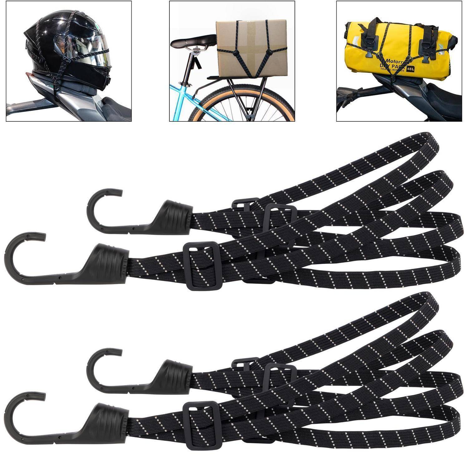 Zwei schwarze elastische Frachtnetze mit Haken zum Sichern von Helm, Fahrradtasche oder anderem Zubehör auf einem Fahrrad.