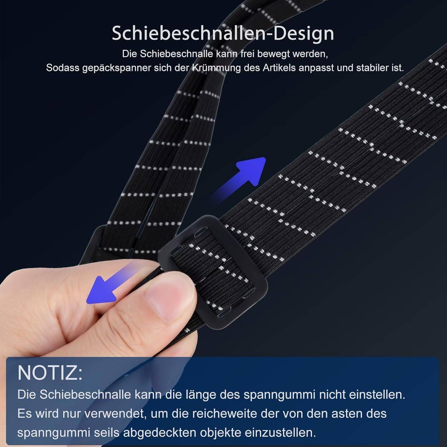 # Diagram einer Gleitschnalle auf einem Riemen; Pfeile zeigen die Verstellung an, mit deutschem Text, der erklärt, dass sie sich an gekrümmte Gegenstände anpasst, aber die Riemenlänge nicht verändert.