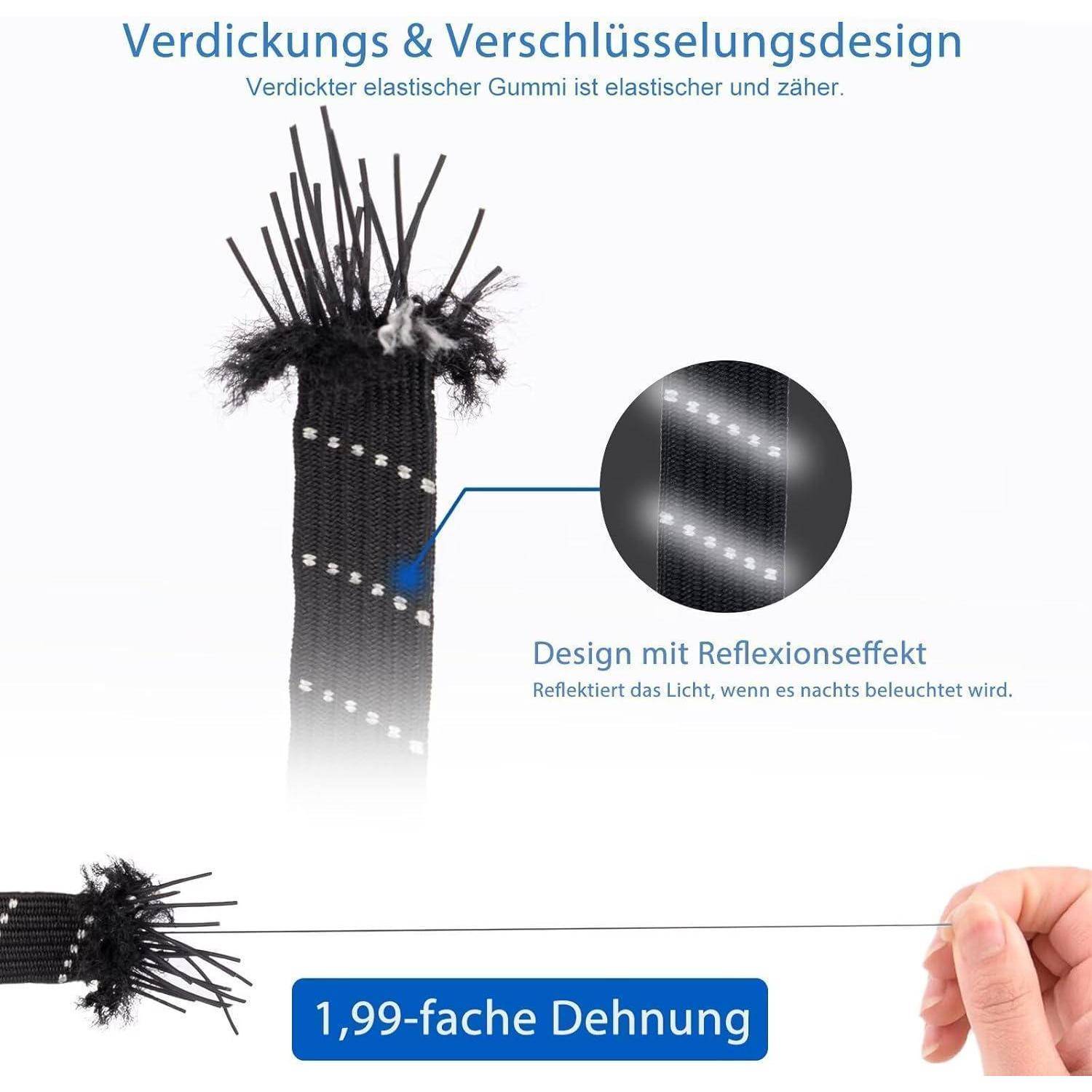 Diagramm, das verstärktes elastisches Gummi mit reflektierendem Gewebedesign zeigt; Nahaufnahme hebt lichtrückstrahlende Streifen und 1,99-fache Dehnung zwischen einer Probe und einer Hand hervor, die sie auseinanderzieht