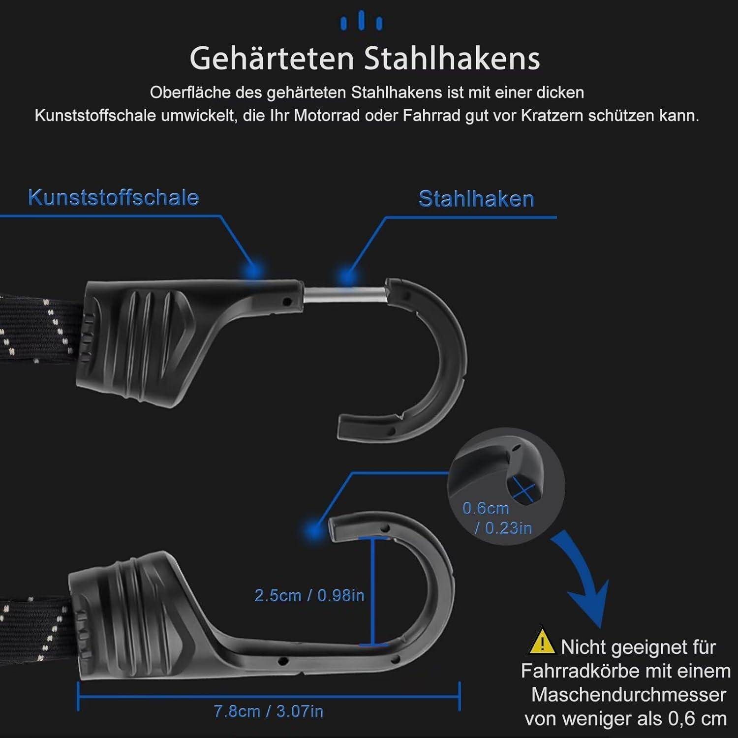 Diagramm eines gehärteten Stahlhakens mit Kunststoffschale, das beschriftete Teile und Größen zeigt. Der Text besagt, dass er Motorräder oder Fahrräder vor Kratzern schützt und nicht für Fahrradstangen über 6 cm geeignet ist.